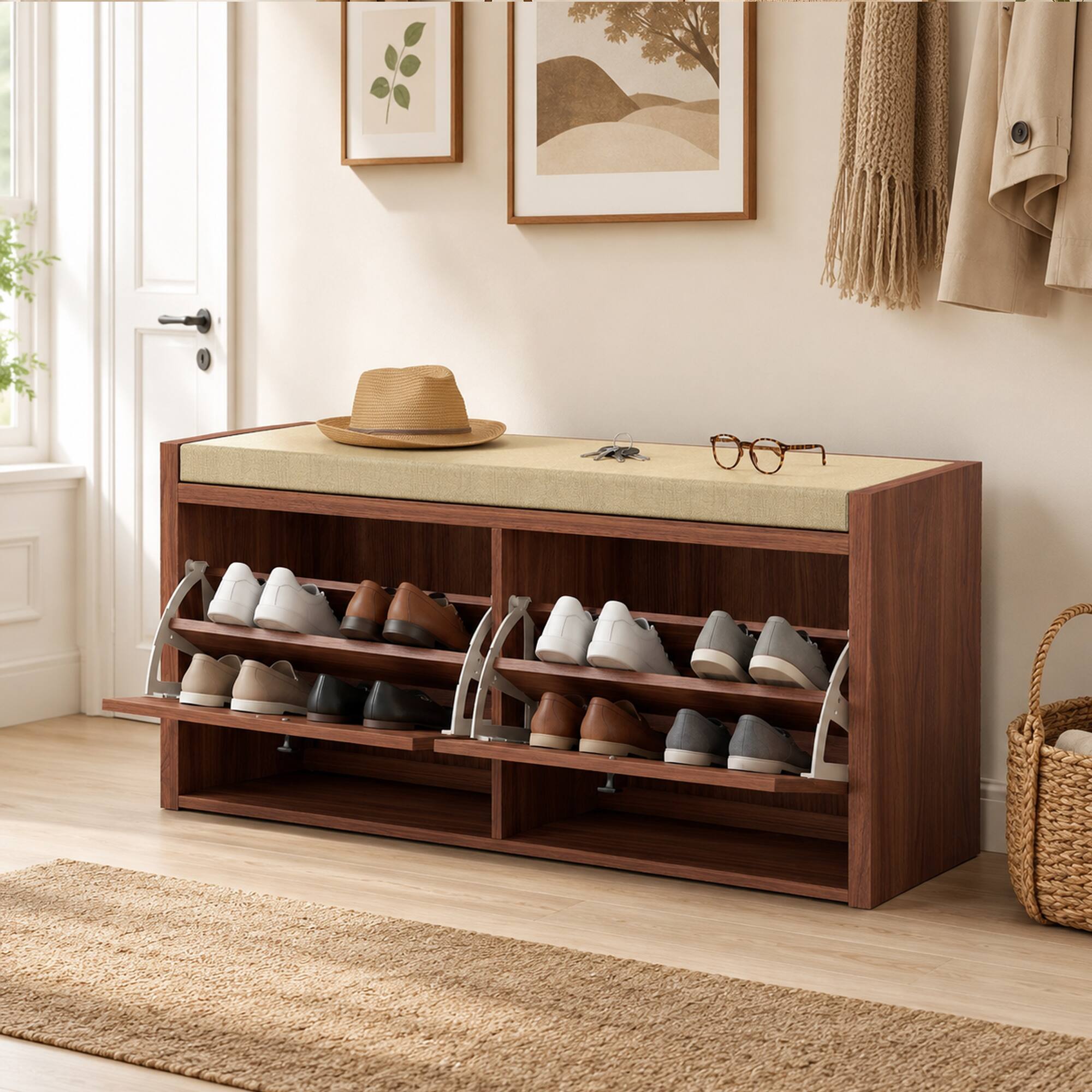 Alt View 7. Homcom - Storage Bench with Padded Seat - Brown.