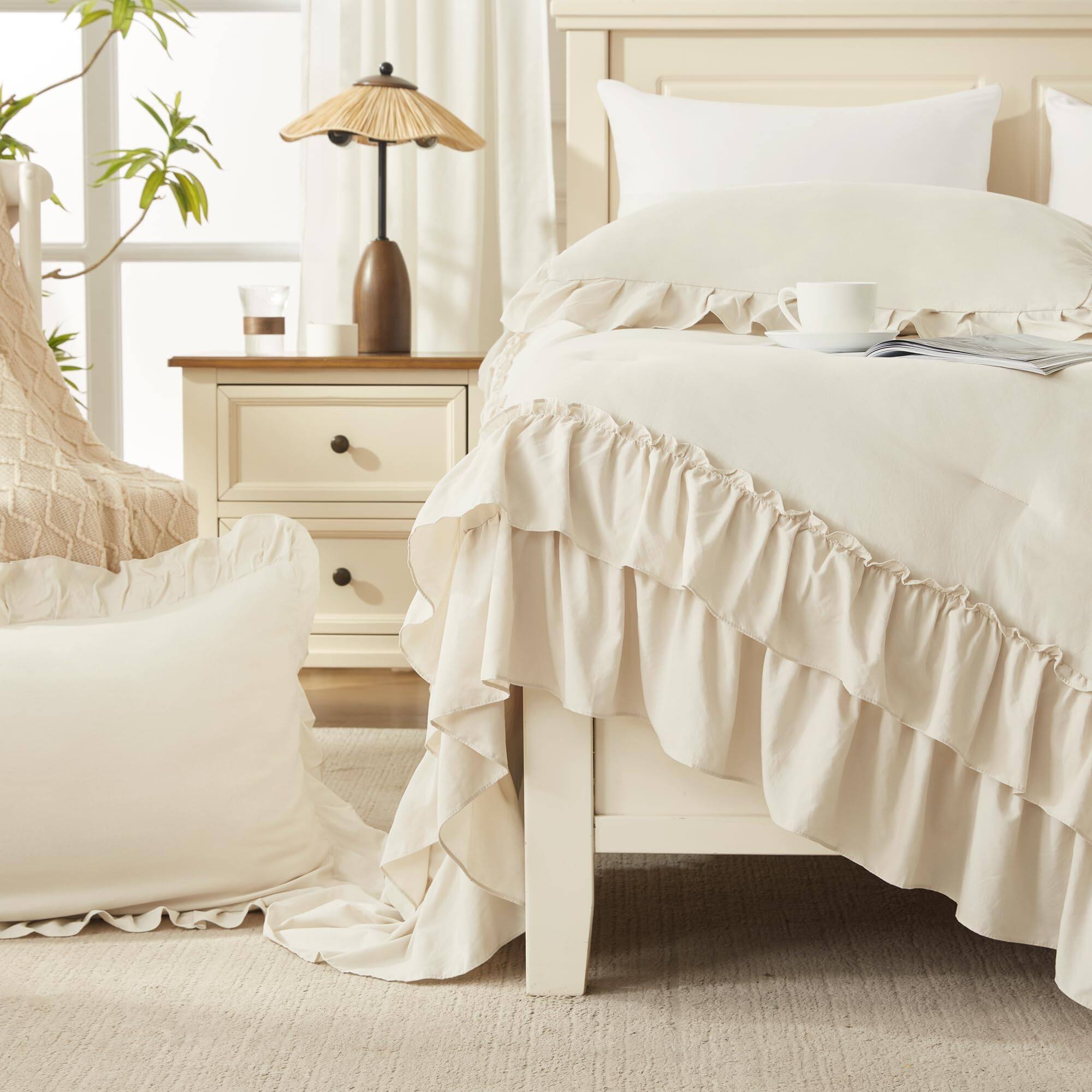 Alt View 3. Comfort Essence - Queen Comforter Set 3 Pieces Soft Lightweight Fluffy Solid Ruffle Bedding Sets All Season Farmhouse Shabby - Beige-Full (79"x90").
