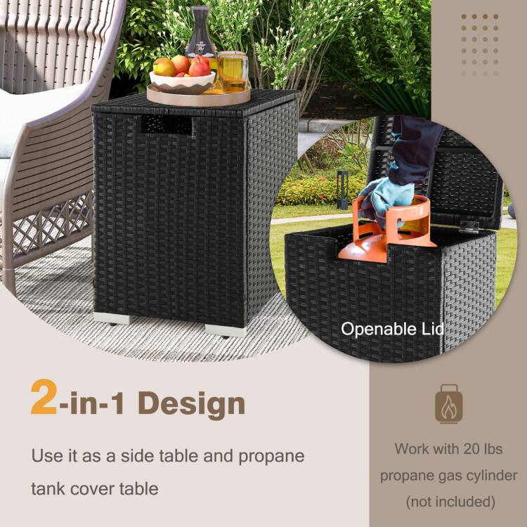 Openable Lid  
2-in-1 Design  
Use it as a side table and propane tank cover table  
Work with 20 lbs propane gas cylinder (not included)