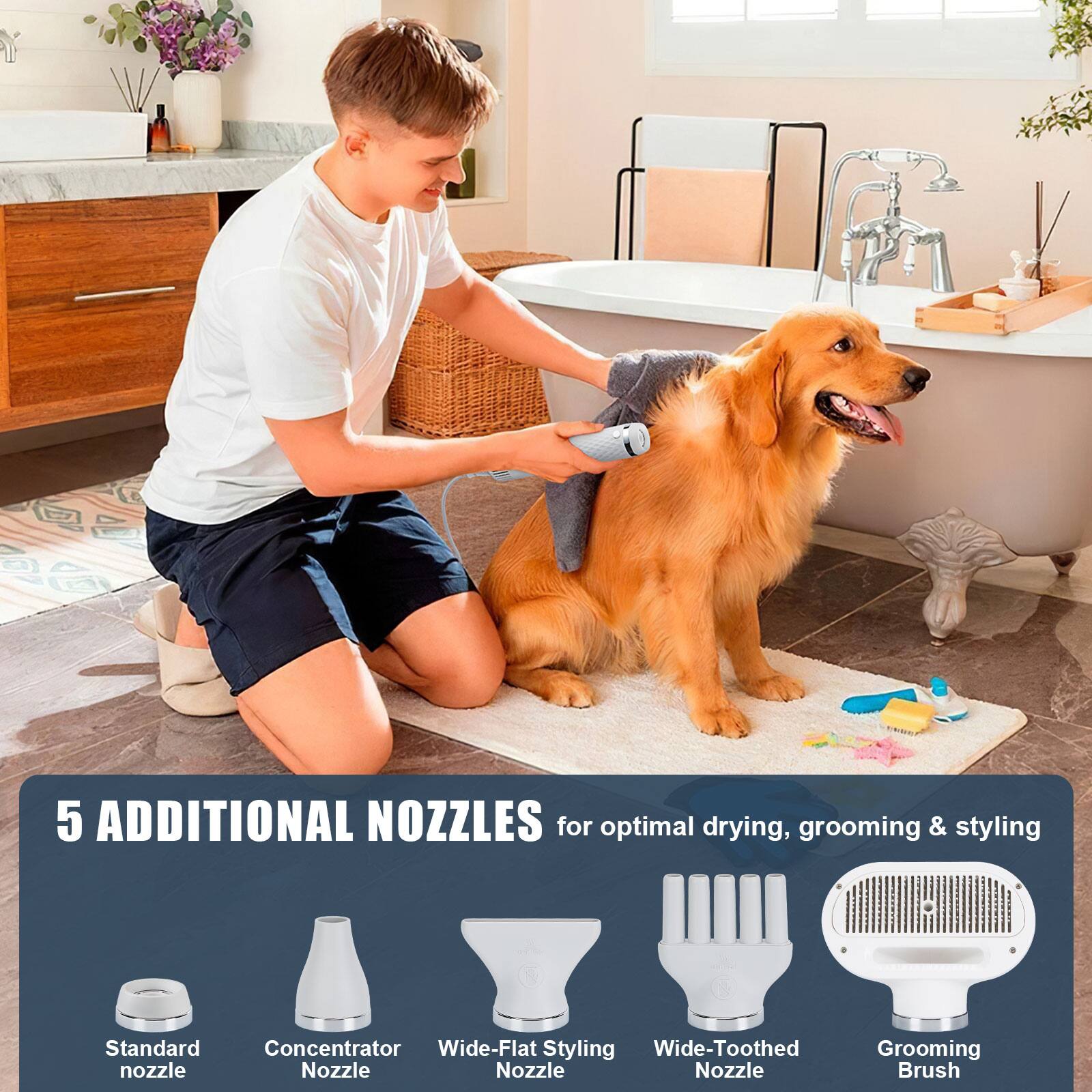 5 ADDITIONAL NOZZLES for optimal drying, grooming & styling
Standard nozzle
Concentrator Nozzle
Wide-Flat Styling Nozzle
Wide-Toothed Nozzle
Grooming Brush