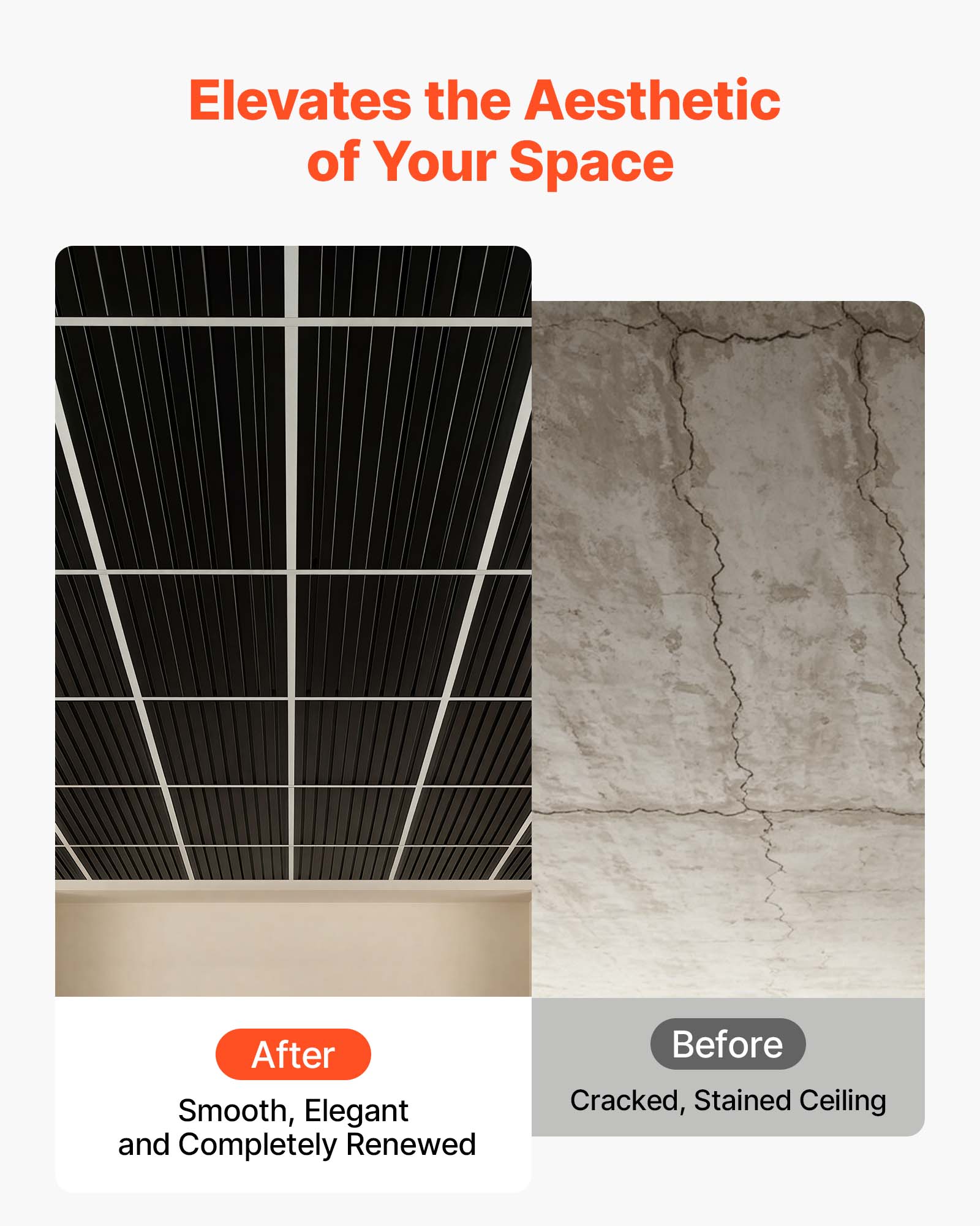 Elevates the Aesthetic of Your Space

After
Smooth, Elegant and Completely Renewed

Before
Cracked, Stained Ceiling