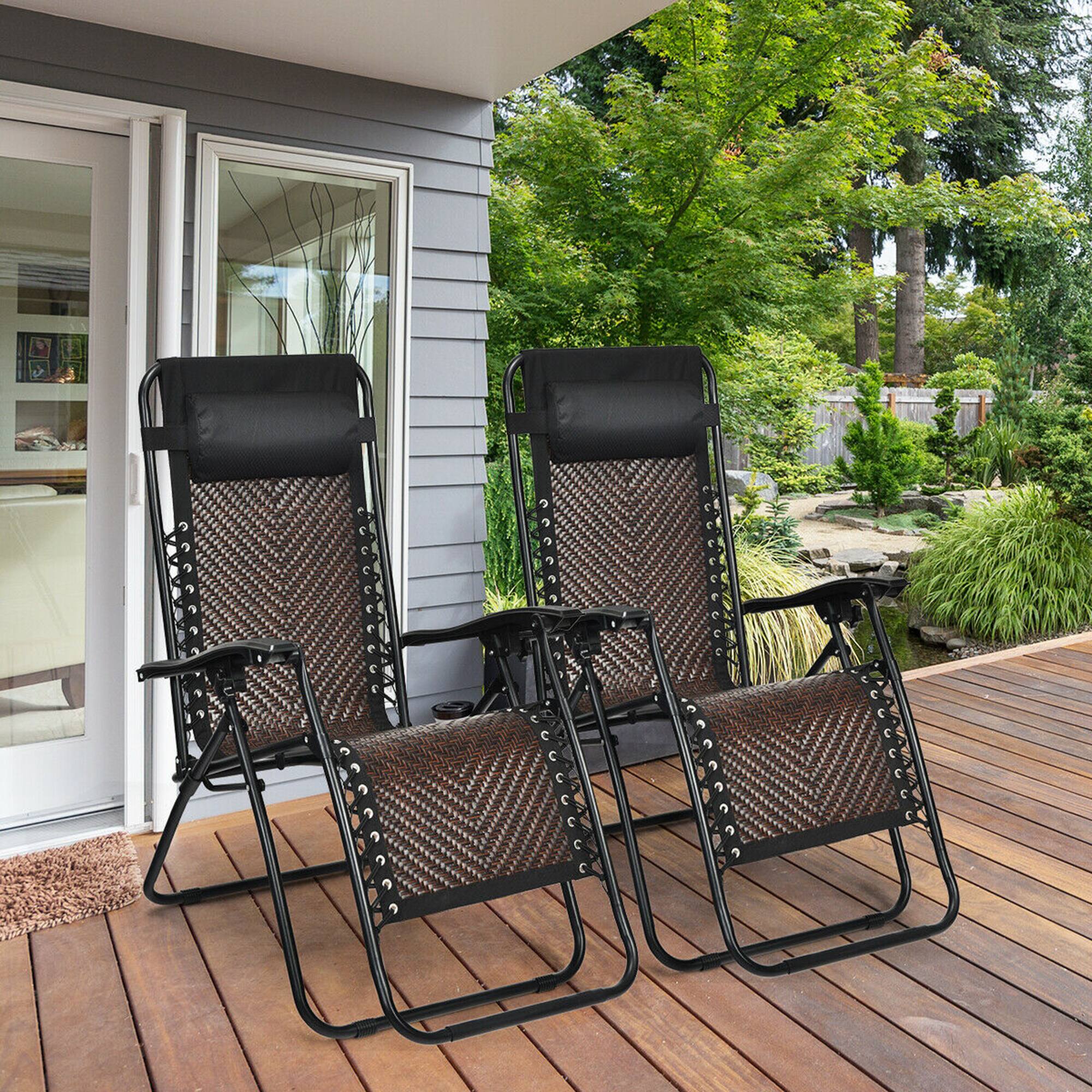 Front. Gymax - Gymax Set of 2 Folding Rattan Patio Zero Gravity Lounge Chair Recliner - Coffee.