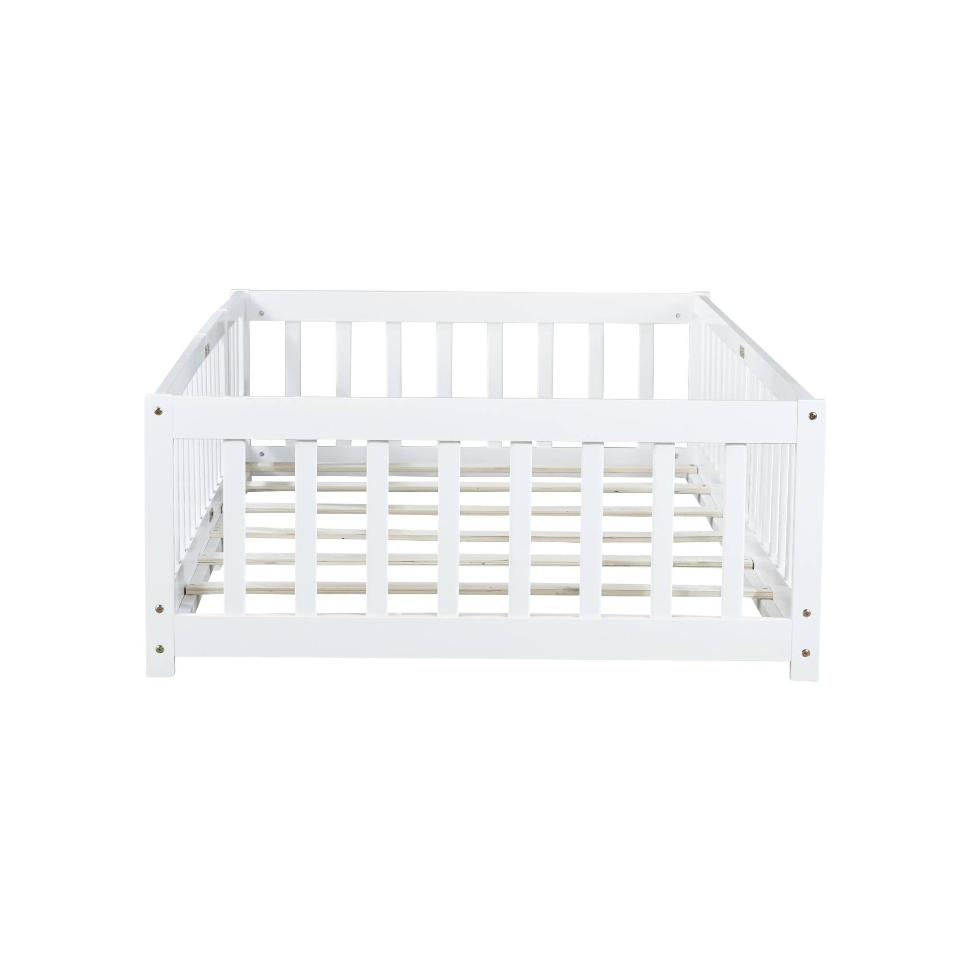 Back. GOODSILO - Twin Size Floor Bed with Safety Fence and Door for Kids, Sturdy Rubber Wood Construction - White.