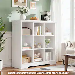 Aheaplus - 9 Cube Organizer with Power Outlets, 41'' Tall Wooden Cube Bookcase for Living Room, Entryway - White