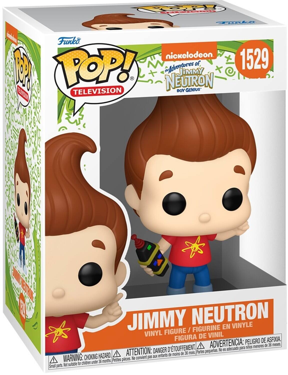 Sure, here is the corrected and grouped text from the image:

---

**Funko POP! TELEVISION**

**Nickelodeon**  
**The Adventures of Jimmy Neutron Boy Genius**

**1529**

**JIMMY NEUTRON**  
VINYL FIGURE / FIGURINE EN VINYLE / FIGURA DE VINIL

**WARNING: CHOKING HAZARD.**  
Small parts. Not suitable for children under 36 months.  
**ATTENTION: DANGER D'ÉTOUFFEMENT.**  
Petites pièces. Ne convient pas aux enfants de moins de 36 mois.  
**ADVERTENCIA: PEOR DE ASFIXIA.**  
Partes pequeñas. No es adecuado para niños menores de 36 meses.

---

This text includes the brand, series, character, warning labels, and multilingual safety information.