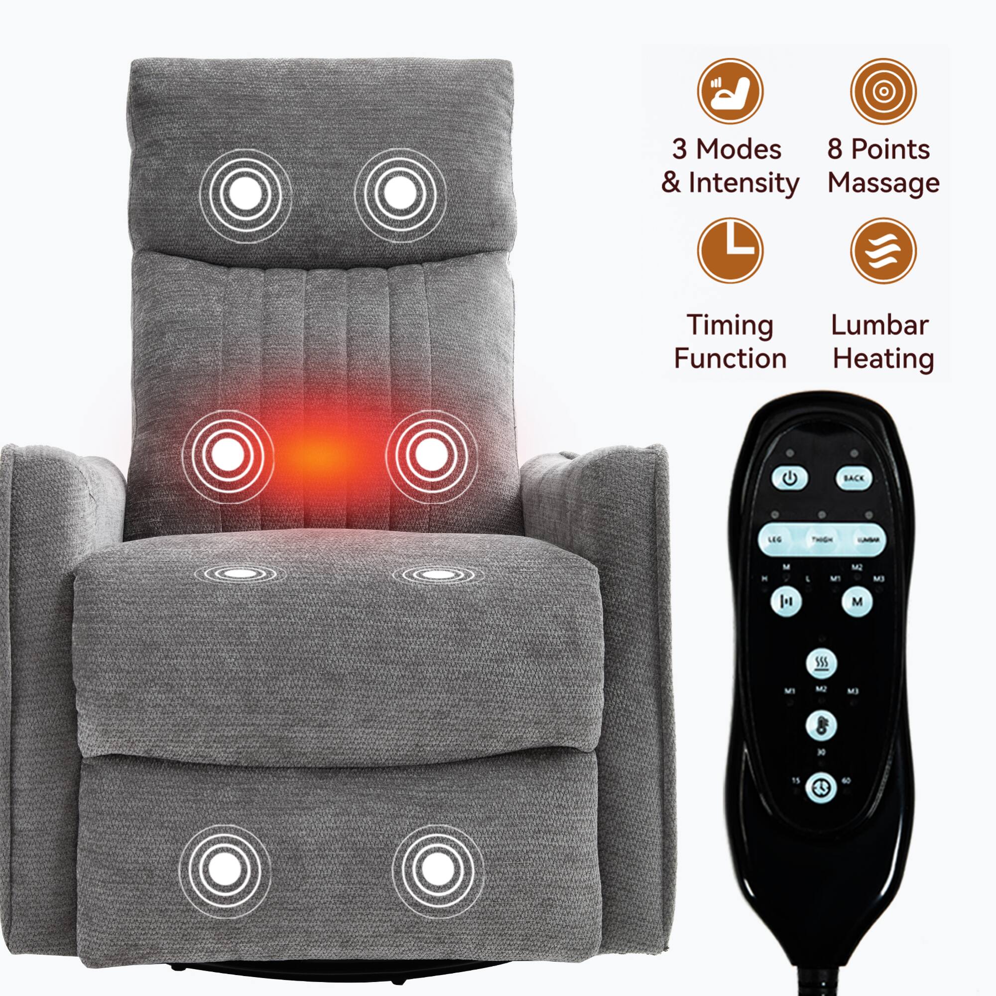 3 Modes & Intensity  
8 Points Massage  
Timing Function  
Lumbar Heating