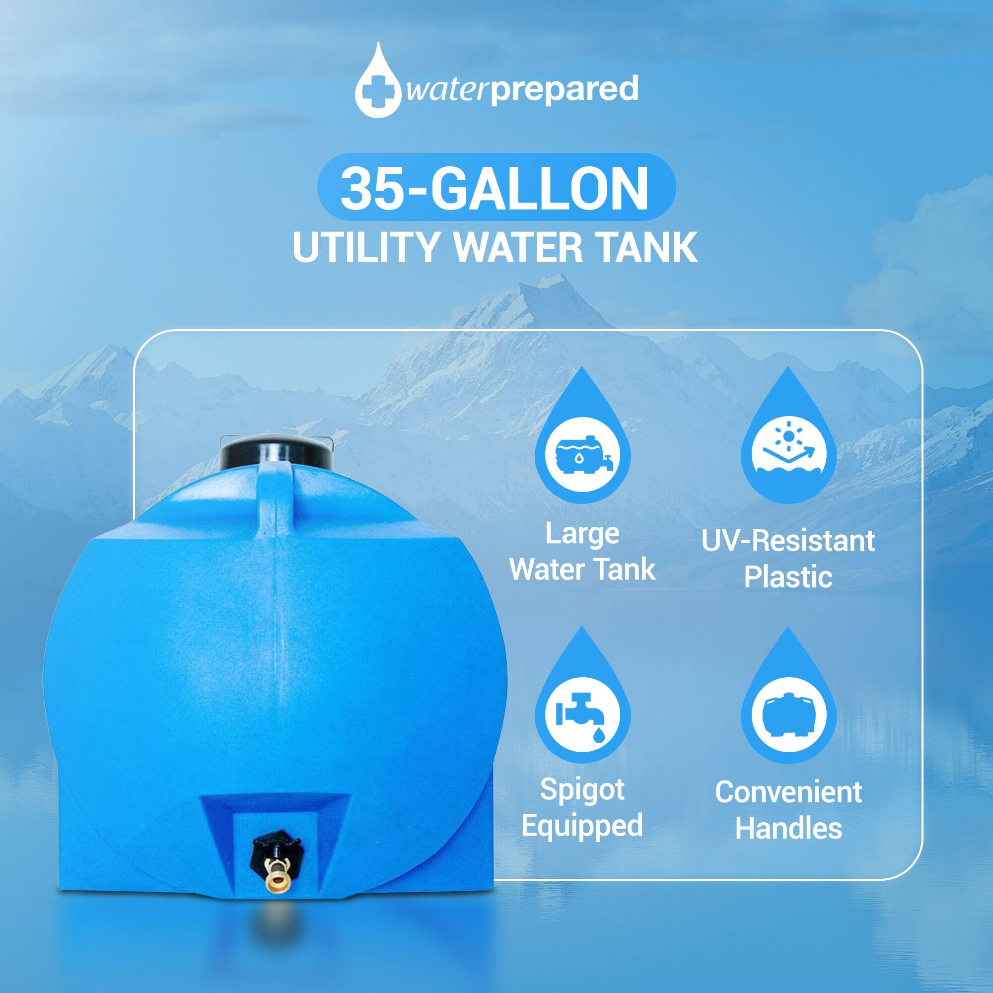 - waterprepared
- 35-GALLON UTILITY WATER TANK
- Large Water Tank
- UV-Resistant Plastic
- Spigot Equipped
- Convenient Handles