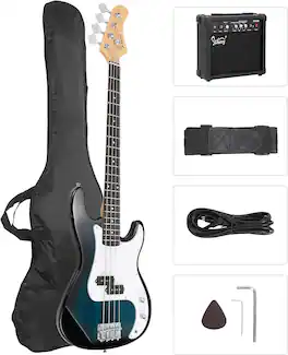 Winado - Full Size Electric Bass Guitar Beginner Kit 4 String Exquisite Basswood Bass with 20W AMP, Cable, Strap, Bag and Accesso