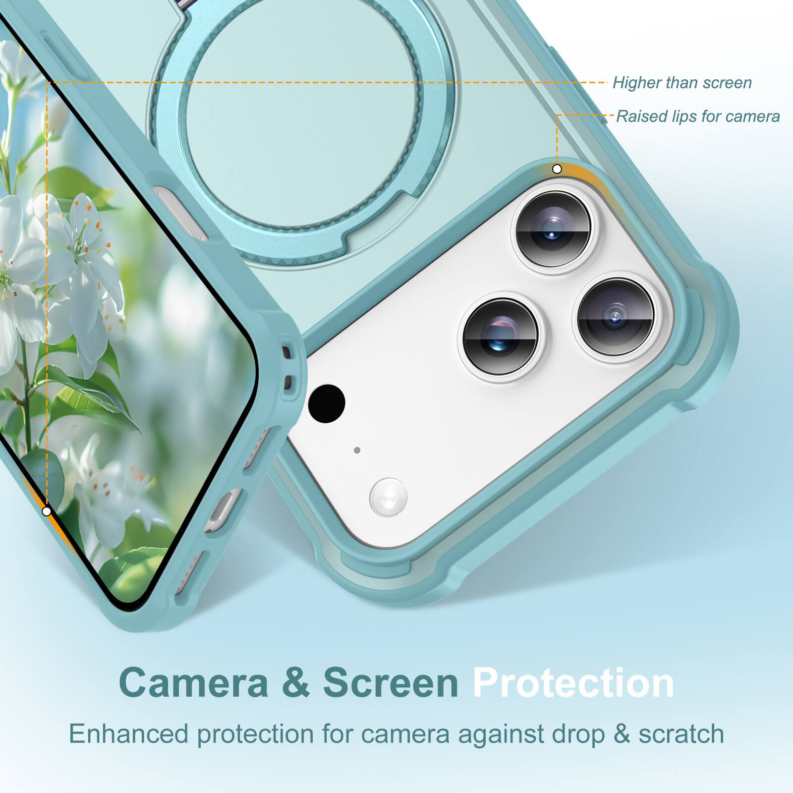 Higher than screen  
Raised lips for camera  
Camera & Screen Protection  
Enhanced protection for camera against drop & scratch