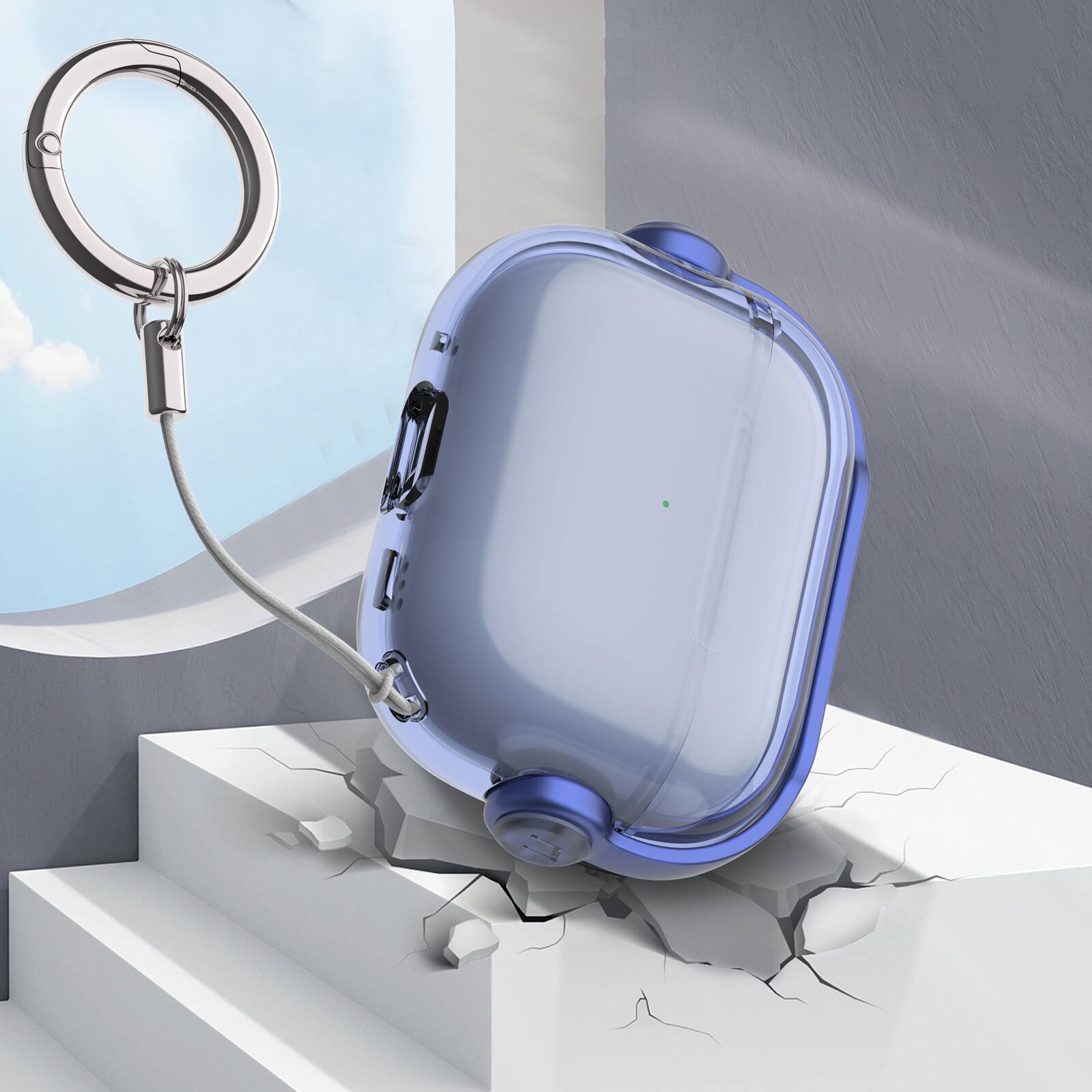 Left. Dteck - For Apple Airpods 4th/5th Gen Slim Fit Clear Kickstand Shockproof Drop Protection Case With Anti-Loss Ring - Blue.