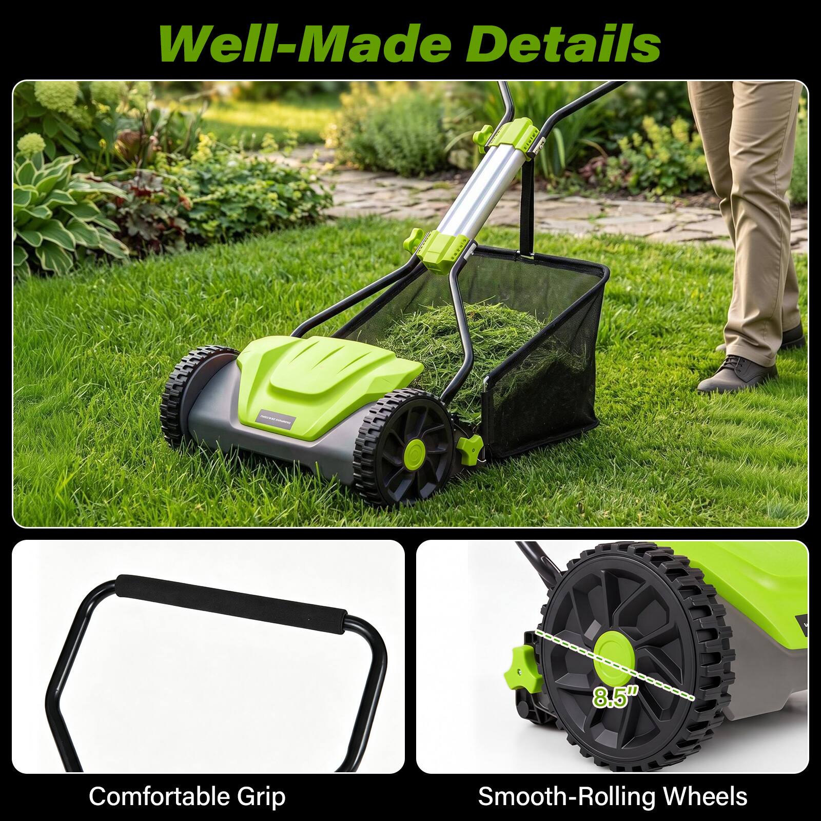 Well-Made Details

- 8.5"
- Comfortable Grip
- Smooth-Rolling Wheels