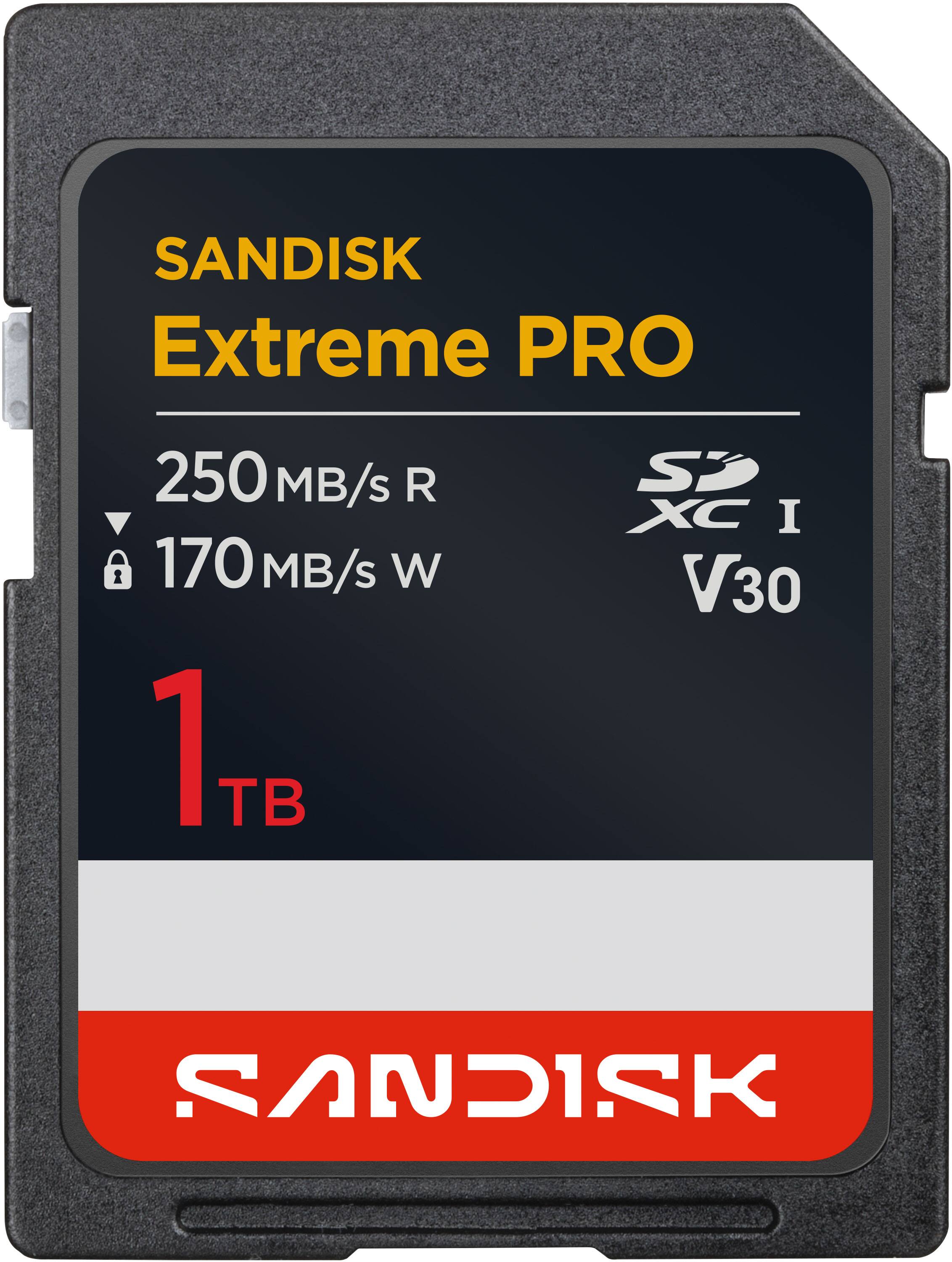 SANDISK Extreme PRO  
250 MB/s R  
170 MB/s W  
1 TB  
SD XC I V30  
SANDISK