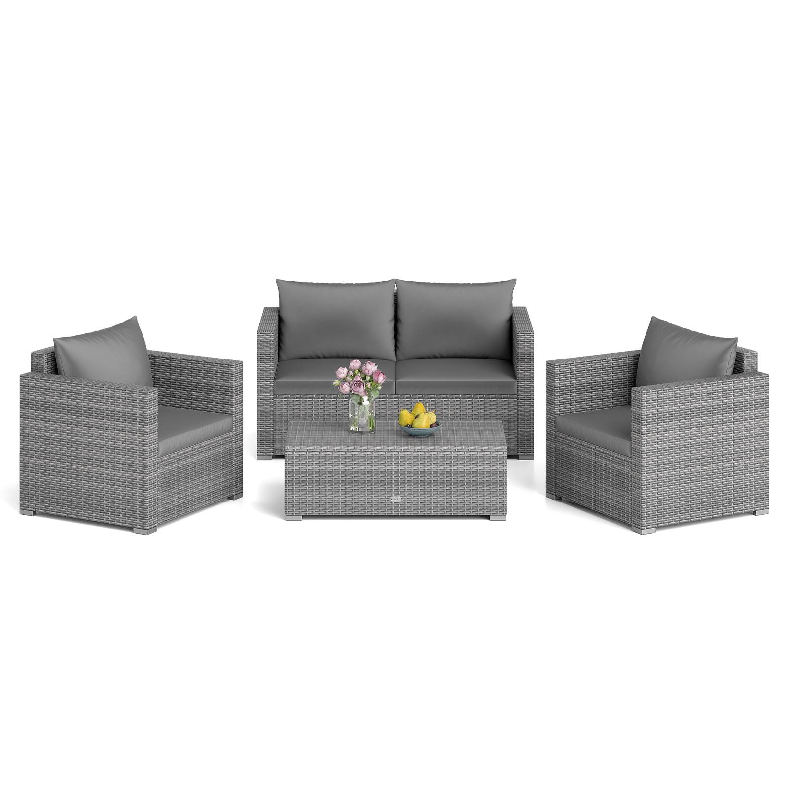Alt View 1. Costway - Costway 4-Piece Patio Rattan Wicker Conversation Set with Padded Cushion & Coffee Table - Mix Gray+Gray.