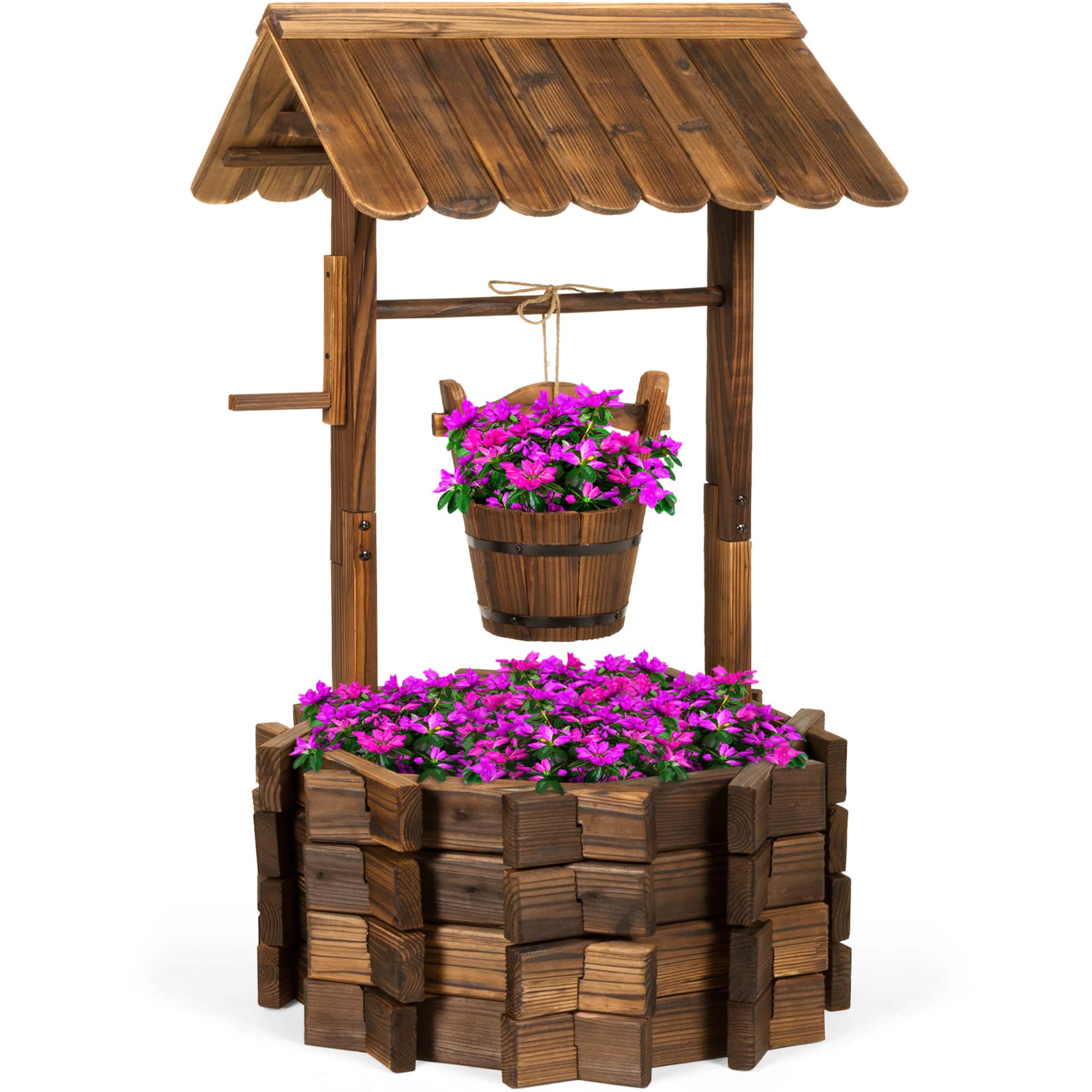 Best Choice Products - Rustic Wooden Wishing Well Planter Yard Decoration w/ Hanging Bucket - Rustic Brown