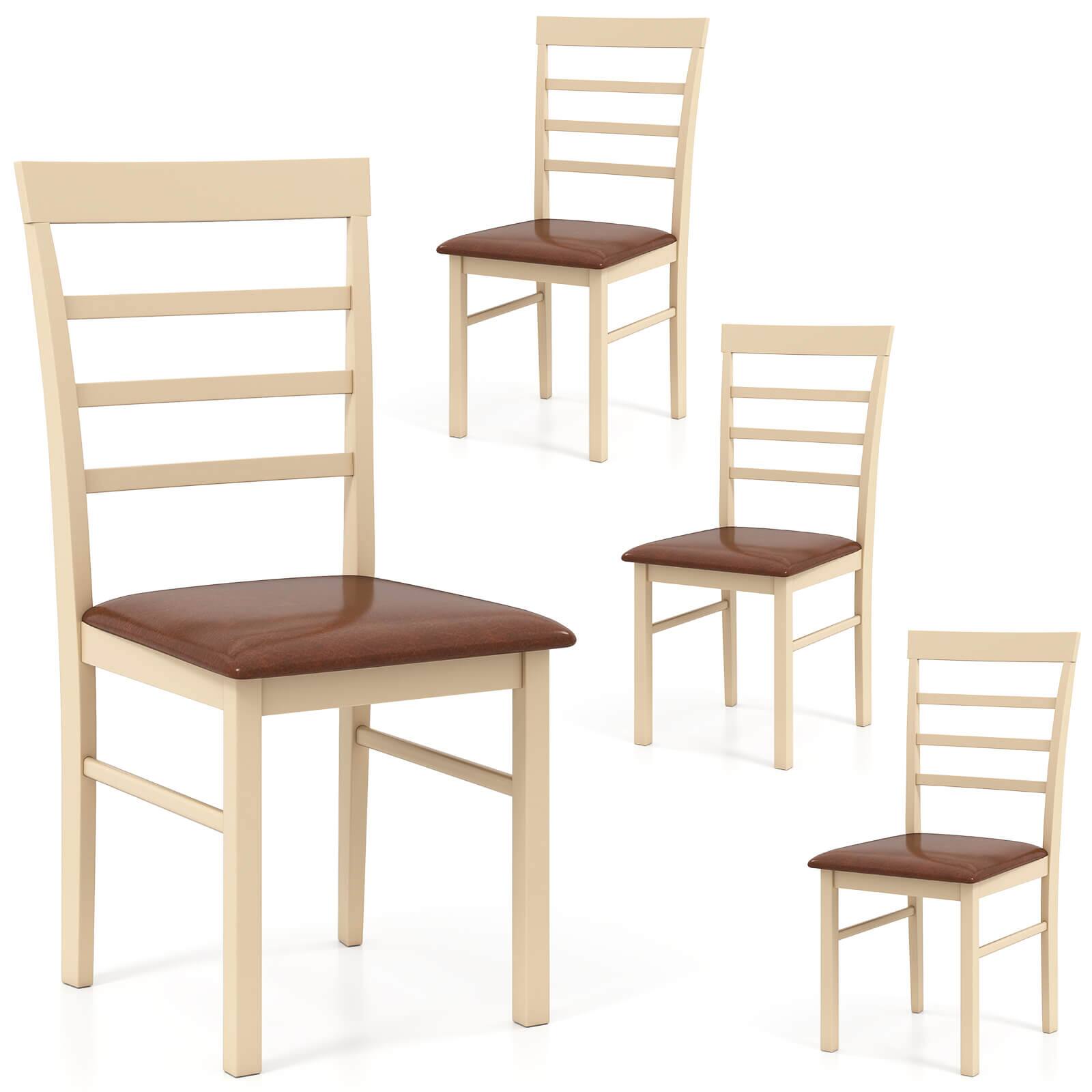 Front. Costway - Costway Wooden dining chair set of 4 with rubber wood frame padded seat for kitchen - White+Brown.