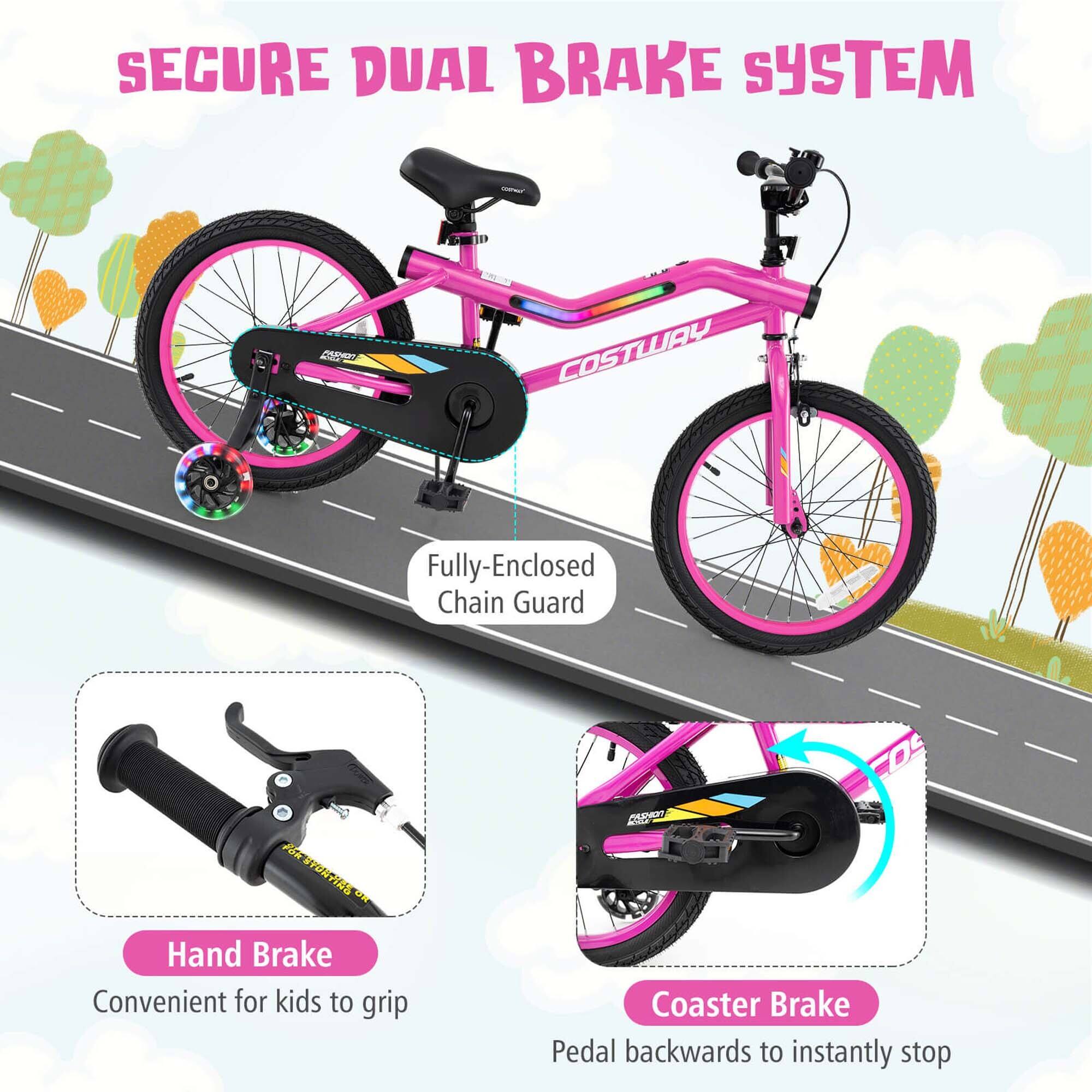 Sure, here is the corrected and grouped text from the image:

---

**SECURE DUAL BRAKE SYSTEM**

- **Fully-Enclosed Chain Guard**
- **Hand Brake**
  - Convenient for kids to grip
- **Coaster Brake**
  - Pedal backwards to instantly stop

---

This text highlights the features of the bike's dual brake system, including the fully-enclosed chain guard, hand brake, and coaster brake.