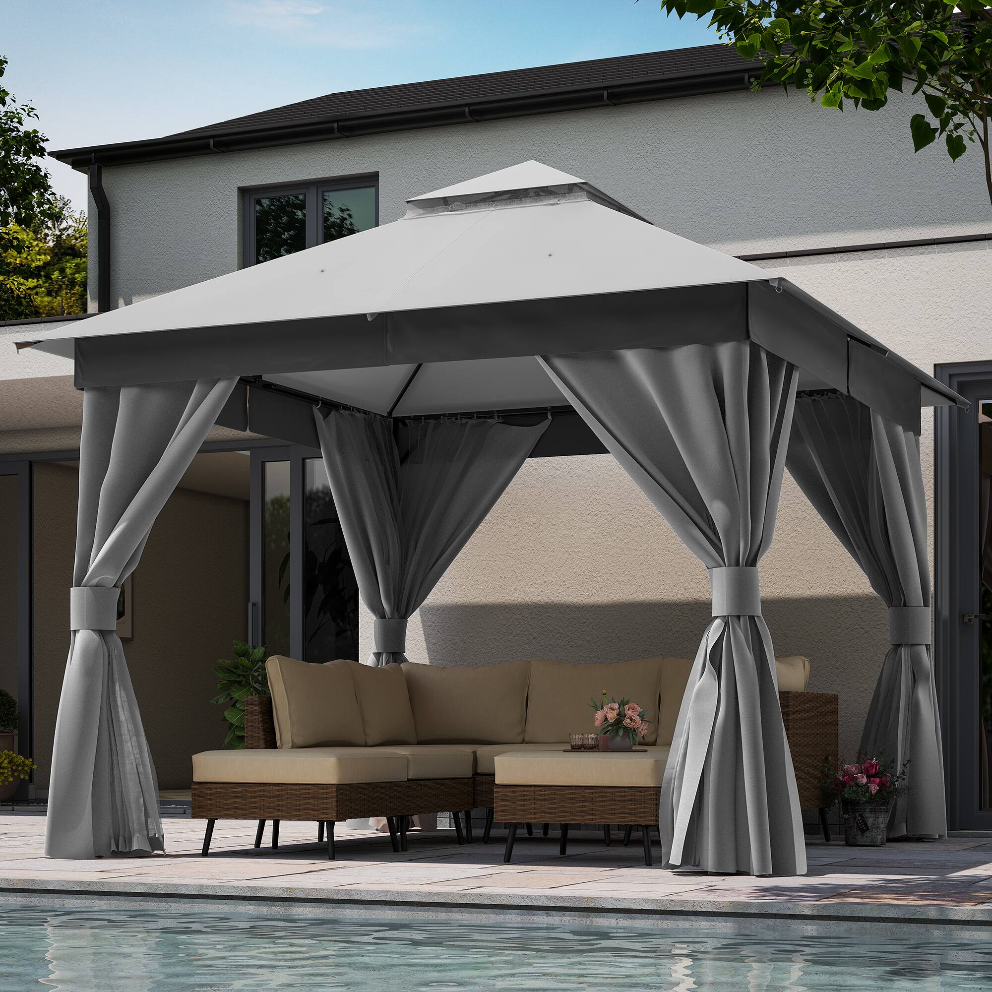 Angle. Yardgrace - 10x10 FT Outdoor Heavy Duty Metal Frame Gazebo Double Roof Mosquito Net Privacy Screen Patio Backyard Garden - Grey.