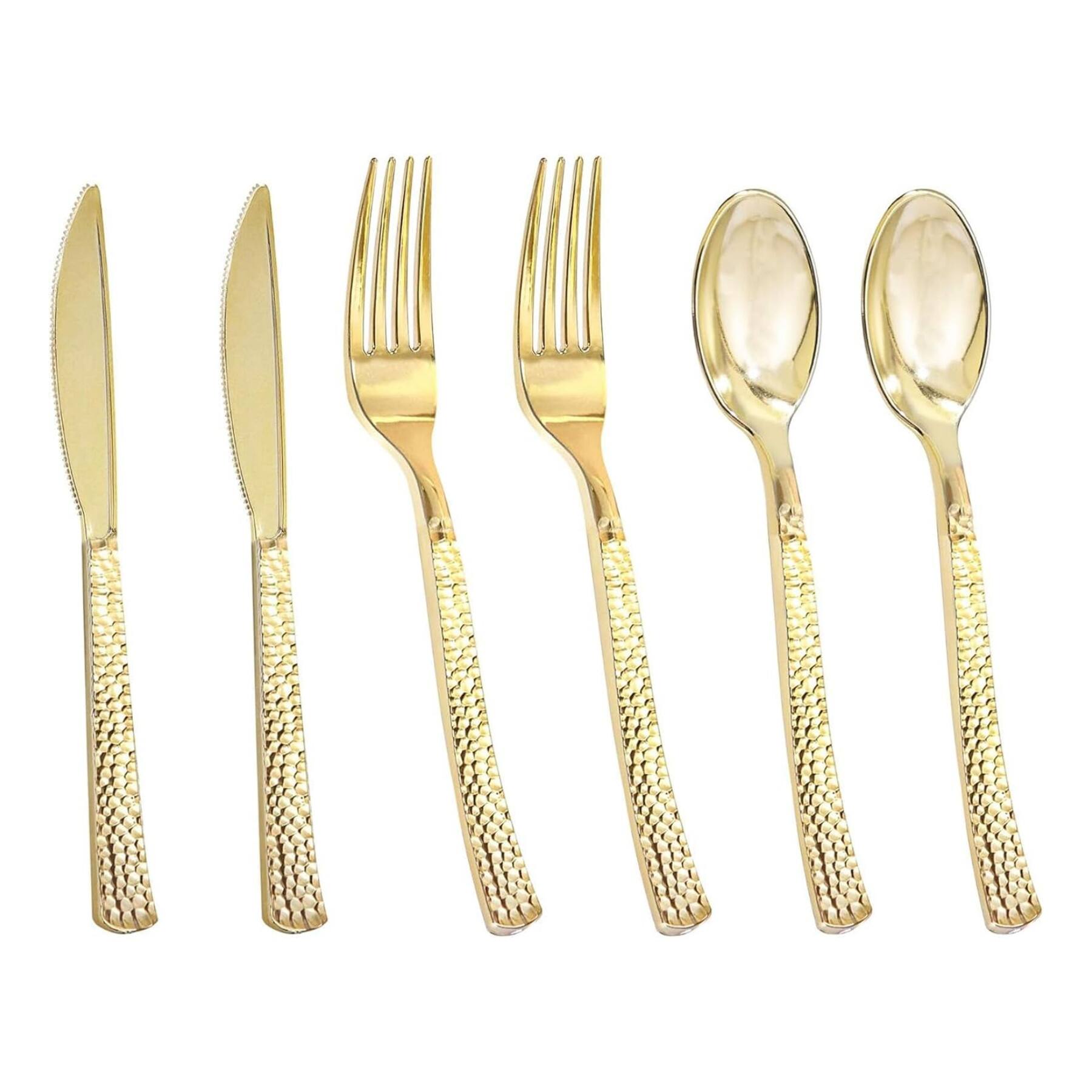 Front. Dazzed Corner - 300 PCS Gold Plastic Silverware - Heavy Duty Plastic Cutlery Set - Gold.
