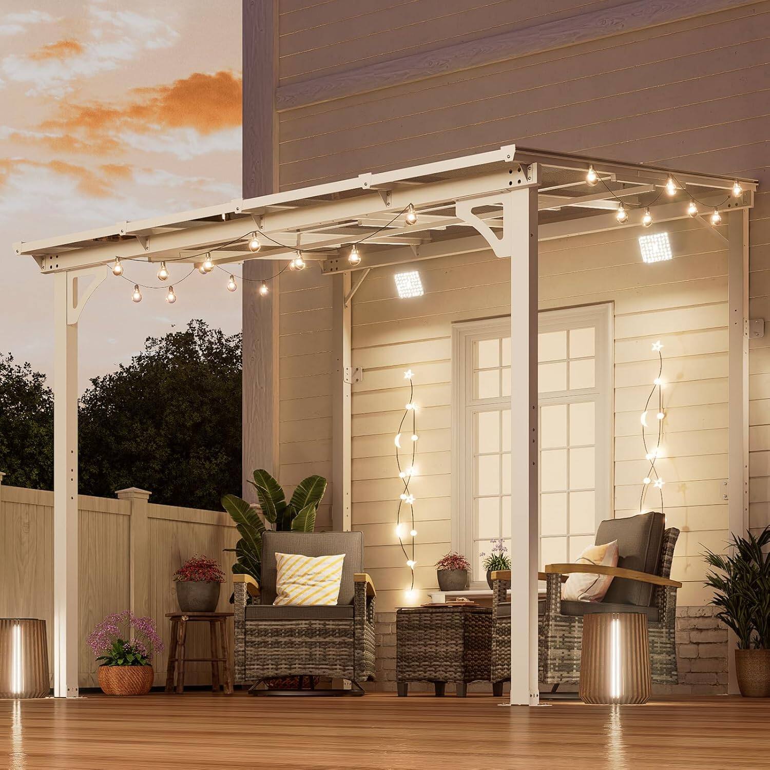 Angle. Yardgrace - 8'x 8' Outdoor Wall Mounted Lean-to Gazebo, Heavy Duty Sloped Roof Metal Awning for Patio, Decks & Backyard - White.