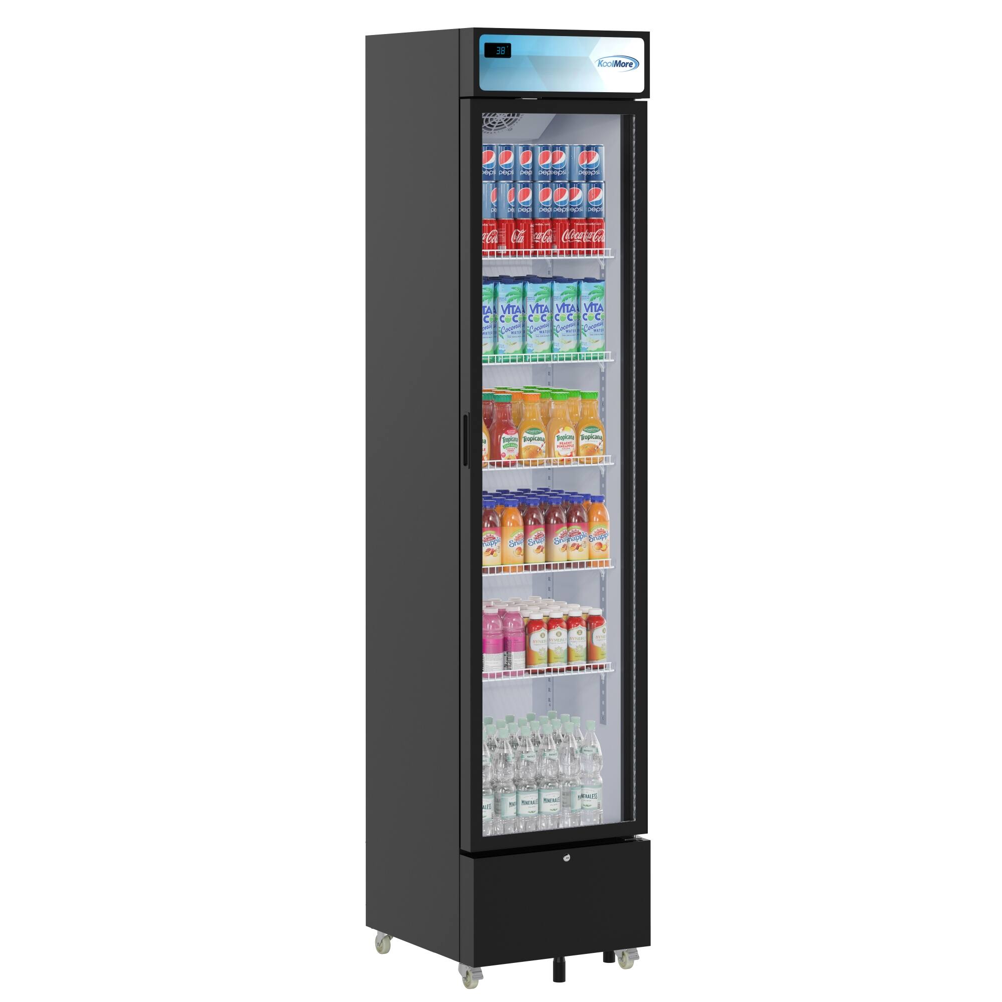 The image features a black refrigerator with a variety of drinks inside. The drinks include water, juice, and soda, with multiple bottles placed in the refrigerator. The refrigerator is filled with a diverse selection of beverages, offering a range of choices for customers.