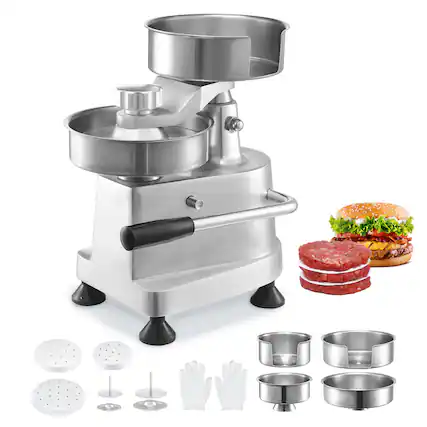 Front. VEVOR - Commercial Burger Patty Maker, Hamburger Beef Patty Maker with 3 Convertible Mold(4/5/6-inch) - Silver.