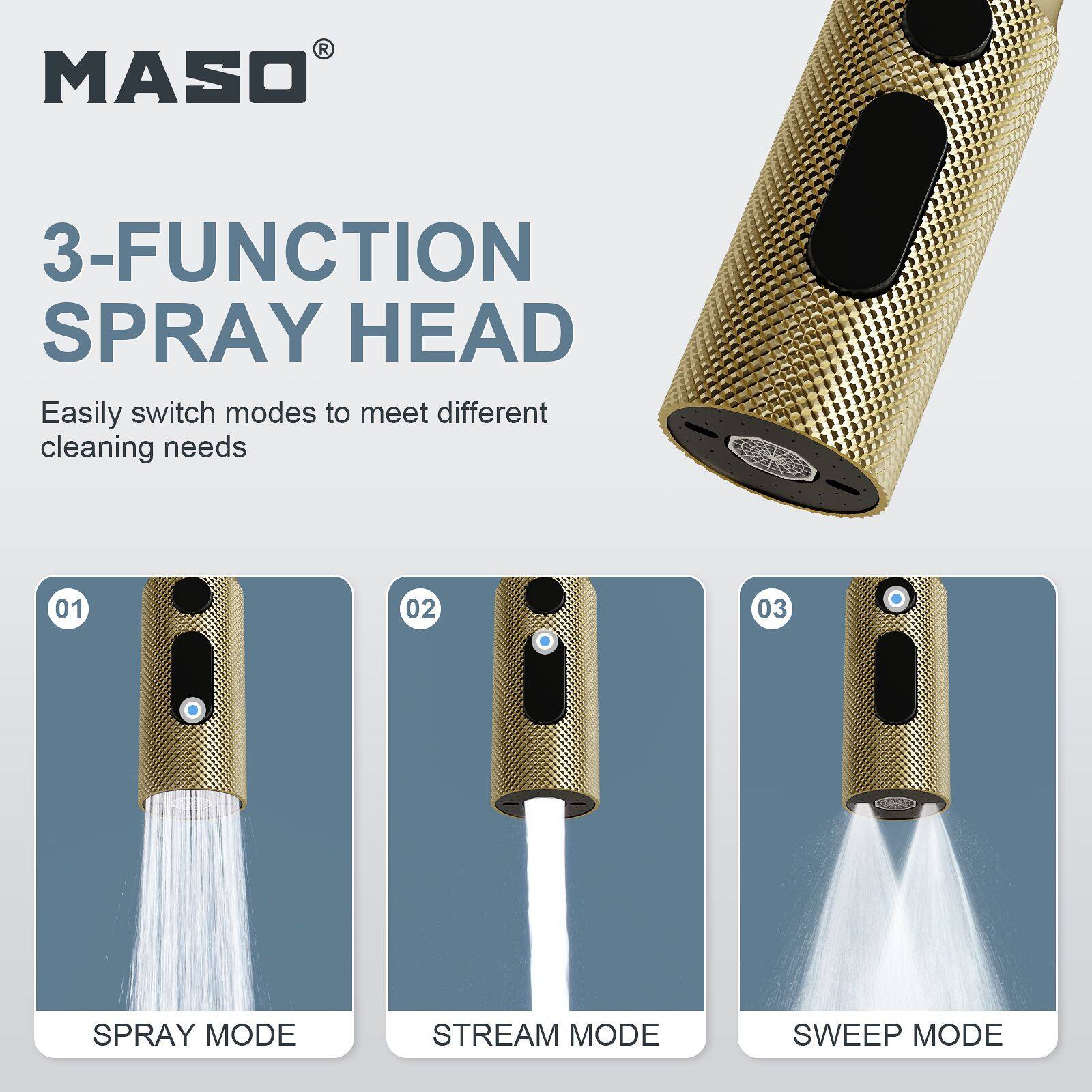 MASO®

3-FUNCTION SPRAY HEAD
Easily switch modes to meet different cleaning needs

01
SPRAY MODE

02
STREAM MODE

03
SWEEP MODE