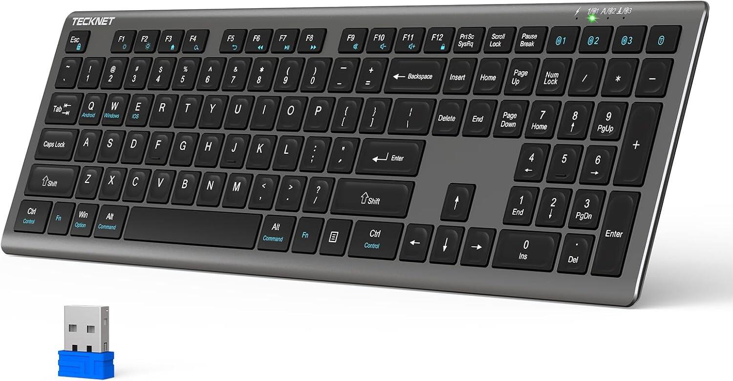 TECKNET - Wireless Keyboard, Rechargeable 4-Device (2.4G+BT), Ultra-Slim Full Size, Quiet, 12 Media Keys - Gray