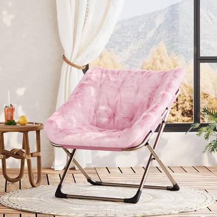 Front. Jojoka - Foldable Dish Saucer Chair - Rabbit Fur Comfy Lounge Chair with Metal Frame for Kids, Teens & Adults - Pink.