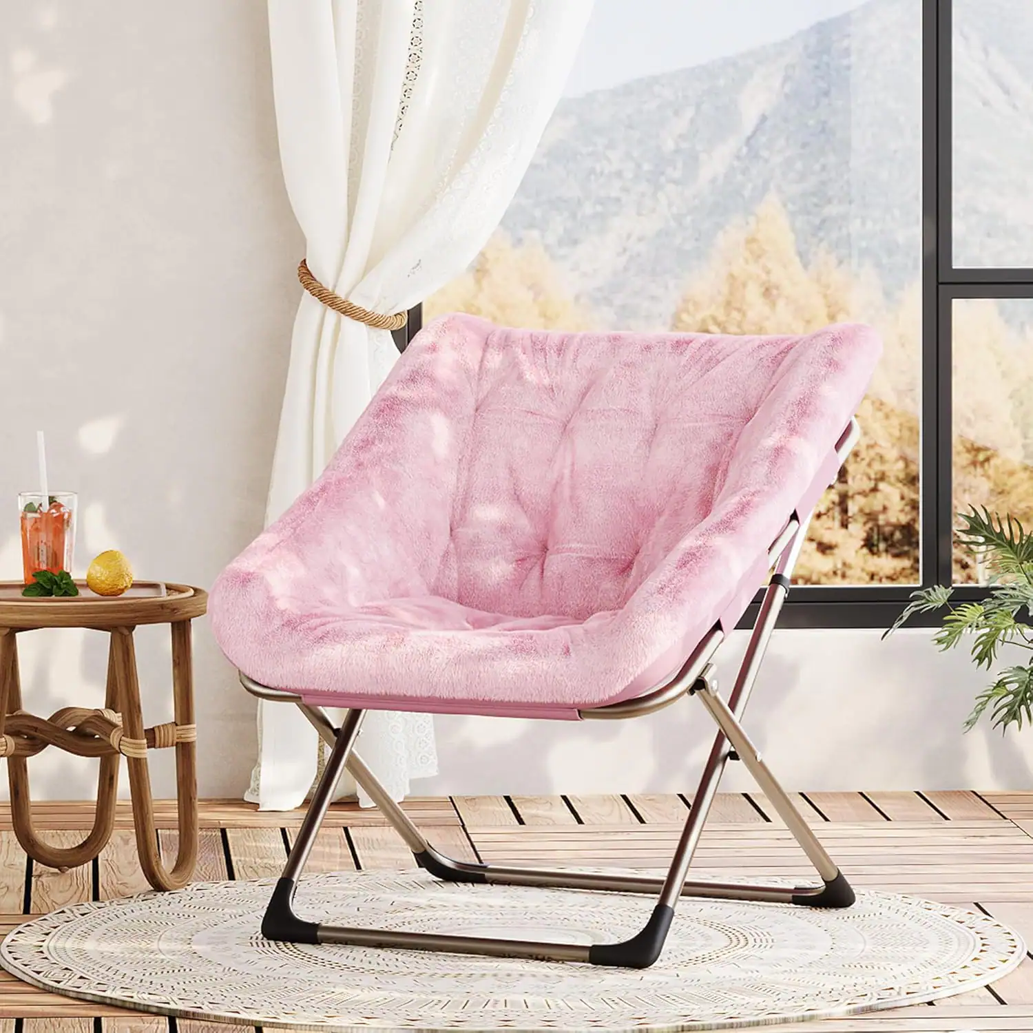 Front. Jojoka - Foldable Dish Saucer Chair - Rabbit Fur Comfy Lounge Chair with Metal Frame for Kids, Teens & Adults - Pink.