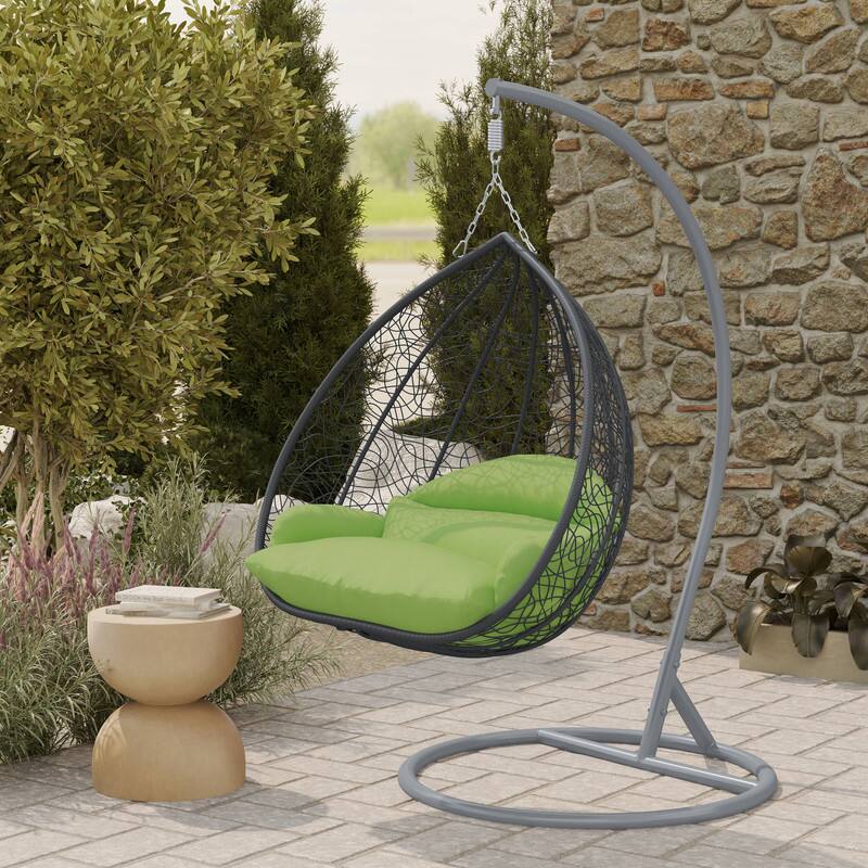 Left. LeisureMod - Recluse Grey Wicker Hanging Egg Chair - Modern Indoor Outdoor Swing with Stand, 440lb Capacity - Light Green.