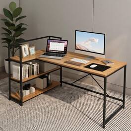 Resenkos - Reversible L Shaped Computer Corner Workstation with 3-Tier Open Shelf-Walnut, Gaming Computer Desks for Study,Working - Brown