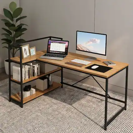 Front. Resenkos - Reversible L Shaped Computer Corner Workstation with 3-Tier Open Shelf-Walnut, Gaming Computer Desks for Study,Working - Brown.