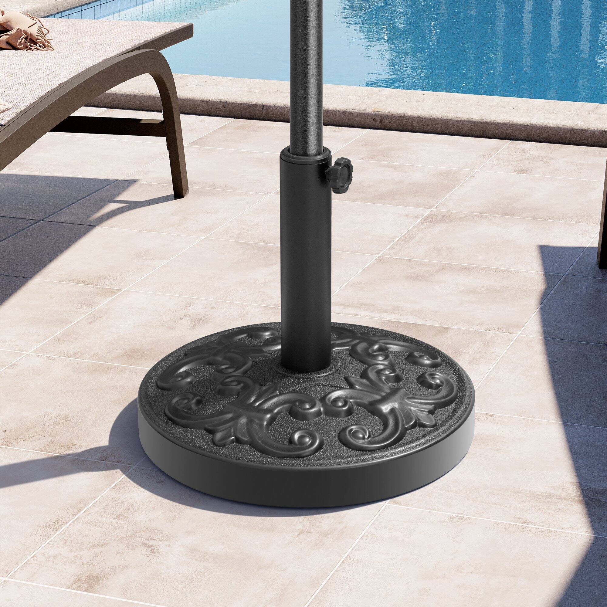 Angle. Crestlive Products - Crestlive Products Heavy Duty Round Cement Patio Umbrella Base with Floral Pattern - Black.