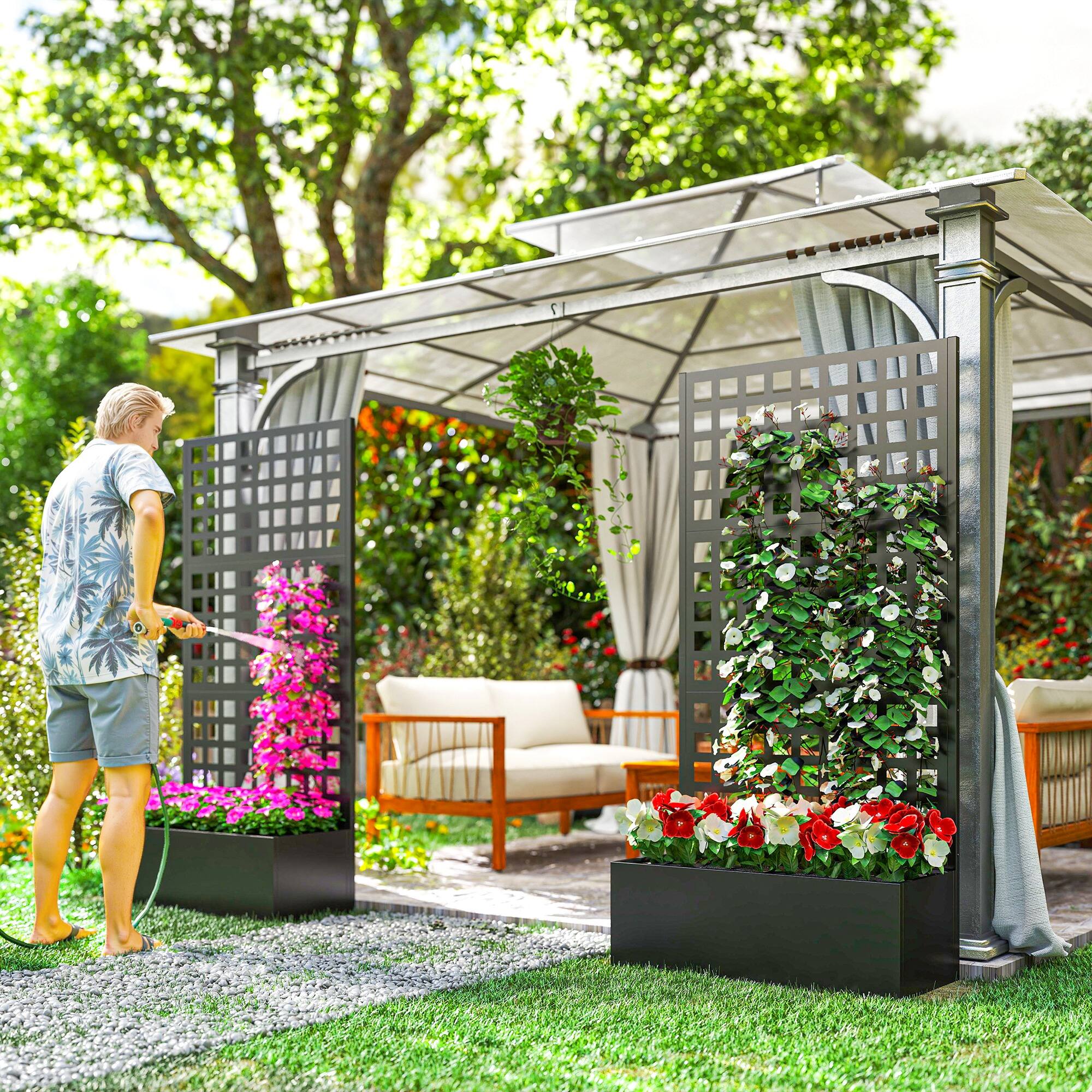 Alt View 7. Outsunny - Raised Garden Bed Planter Box with Trellis for Climbing Plants, Vegetable, Vines.