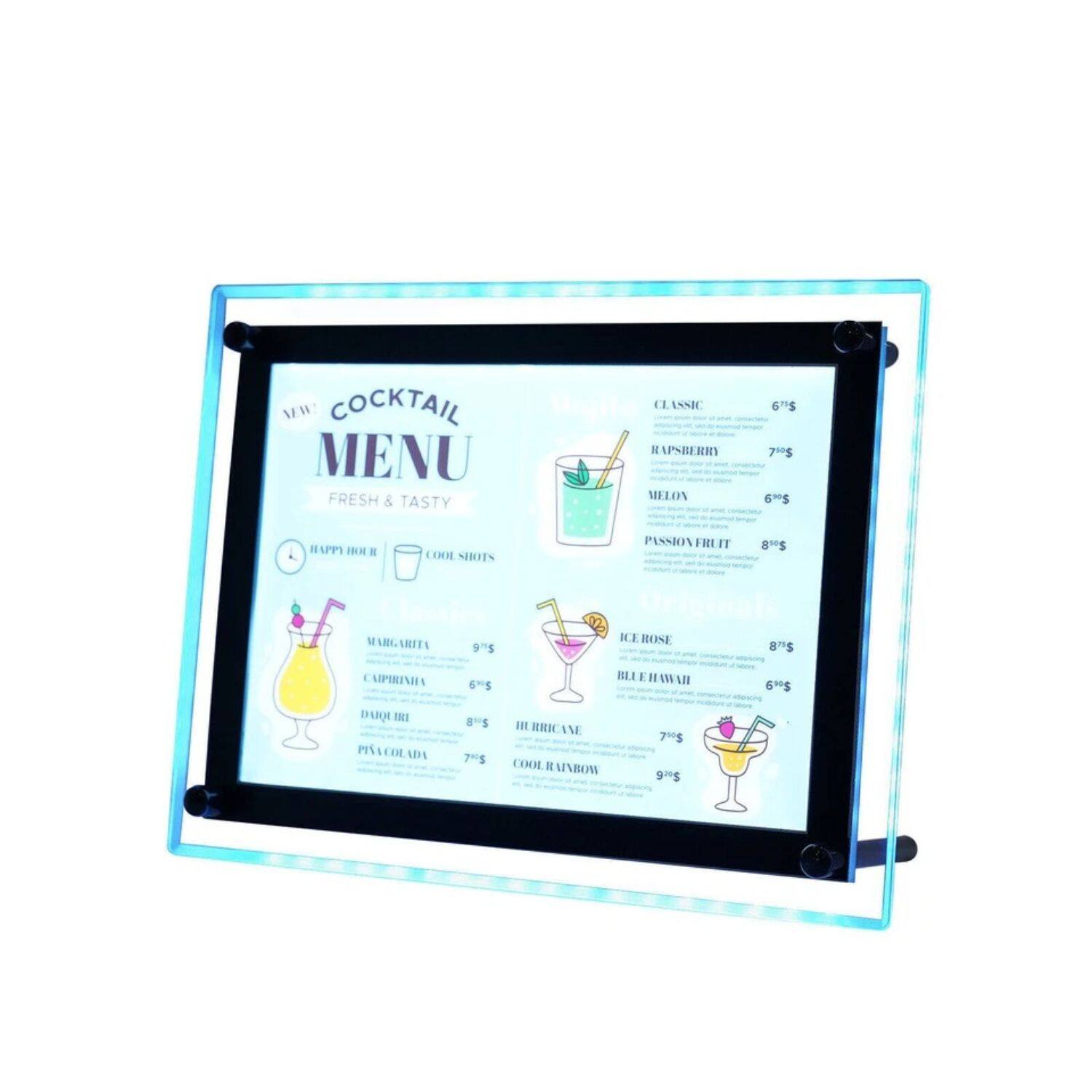 **COCKTAIL MENU**  
FRESH & TASTY

**HAPPY HOUR**  
- MARGARITA 9$  
- CAIPIRINHA 6$  
- DAQUIRI 8$  
- PINK COLADA 7$  

**COOL SHOTS**  
- RAPSBERRY 7$  
- MELON 6$  
- PASSION FRUIT 8$  
- ICE ROSE 8$  
- BLUE HAWAII 6$  
- IRISH COOL RAINBOW 7$  
- IRISH COOL RAINBOW 9$  

**CLASSIC**  
- MARGARITA 6$  
- CAIPIRINHA 6$  
- DAQUIRI 8$  
- PINK COLADA 7$  
- RAPSBERRY 7$  
- MELON 6$  
- PASSION FRUIT 8$  
- ICE ROSE 8$  
- BLUE HAWAII 6$  
- IRISH COOL RAINBOW 7$  
- IRISH COOL RAINBOW 9$