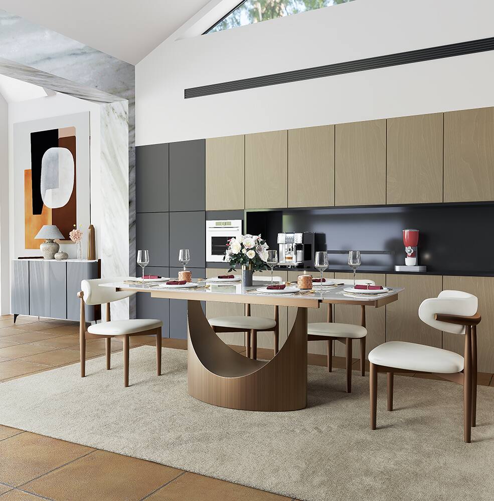 Left. POVISON - 55"-79"Extendable Modern White Dining Table for 6-10,Rectangular Glossy Sintered Stone Tabletop,Bronze Carbon Steel Leg - Glossy White Sintered Stone with Bronze.