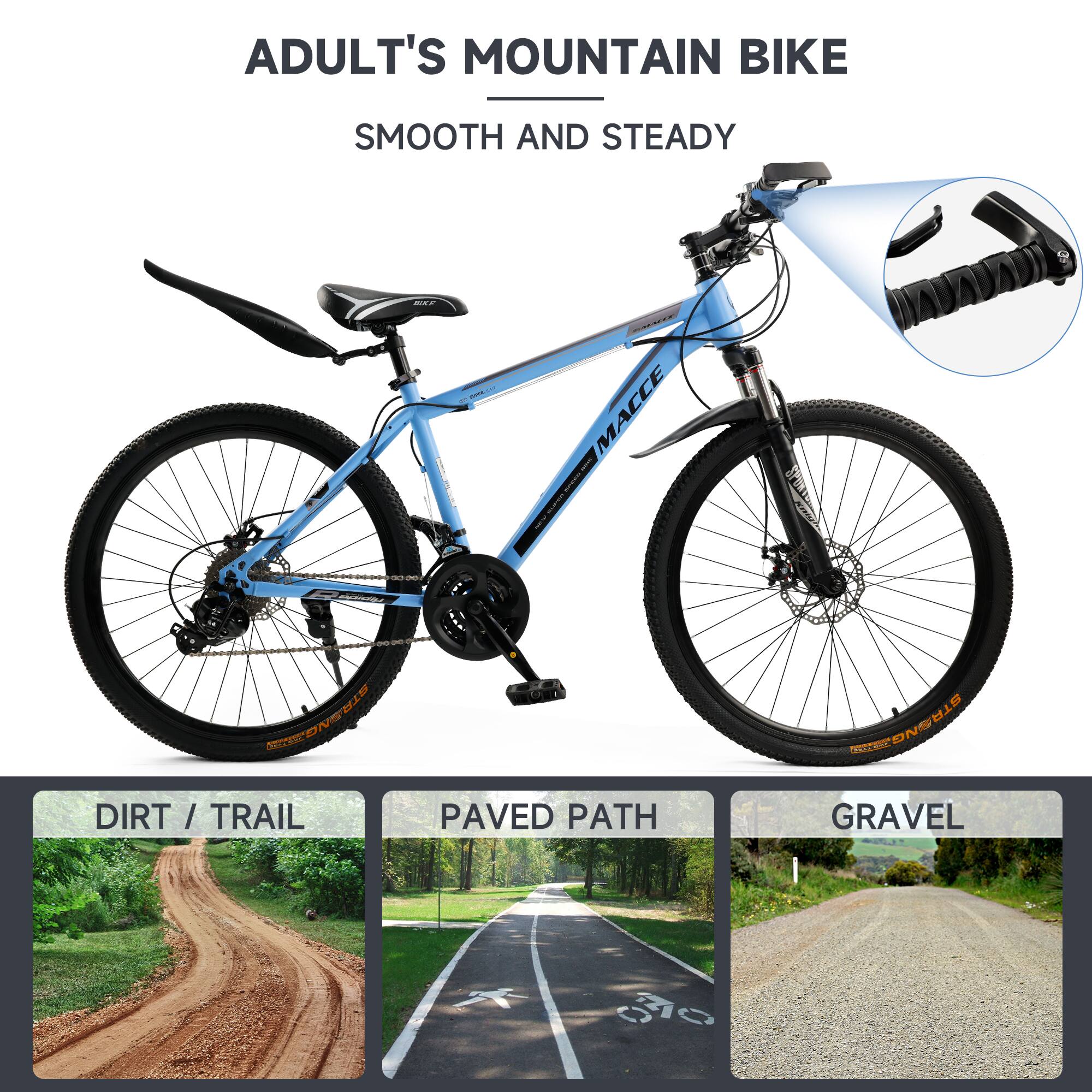 ADULT'S MOUNTAIN BIKE  
SMOOTH AND STEADY  

DIRT / TRAIL  
PAVED PATH  
GRAVEL