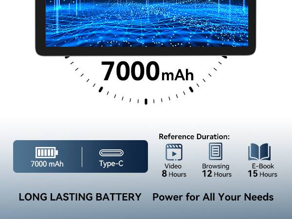 7000 mAh, Reference Duration: 7000 mAh, Type-C, Video 8 Hours, Browsing 12 Hours, E-Book 15 Hours, LONG LASTING BATTERY, Power for All Your Needs