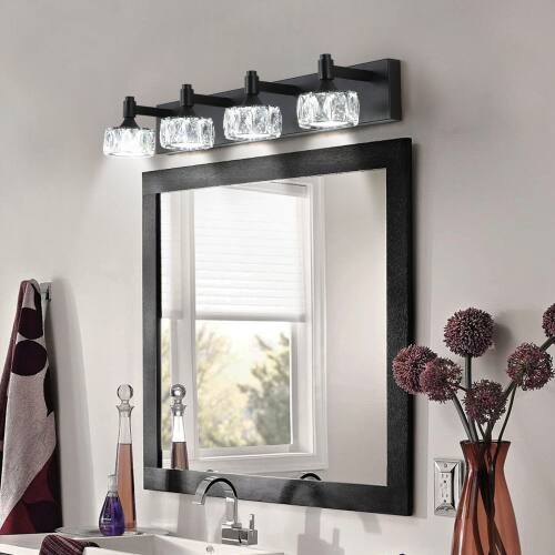 Alt View 1. LUCKY ONE - 4-Light Matte Black LED Vanity Light, Crystal Glass Shades Bathroom Wall Sconce for Mirror - Black.
