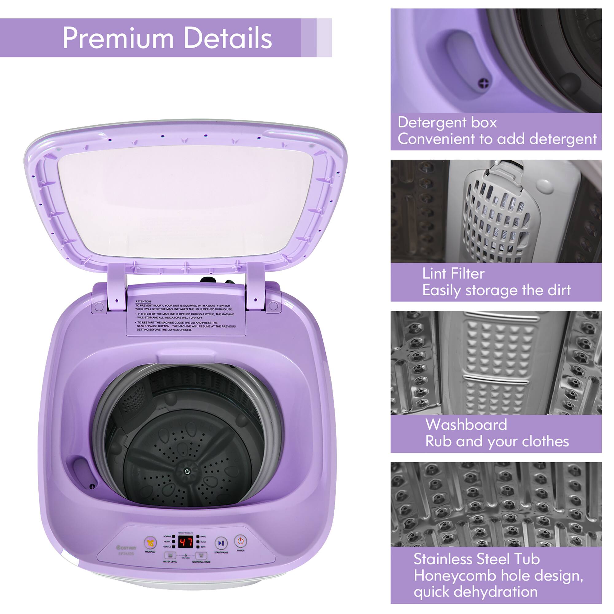 Premium Details:
1. Detergent box: Convenient to add detergent.
2. Lint filter: Easily store the dirt.
3. Washboard: Rub and your clothes.
4. Stainless Steel Tub: Honeycomb hole design, quick dehydration.