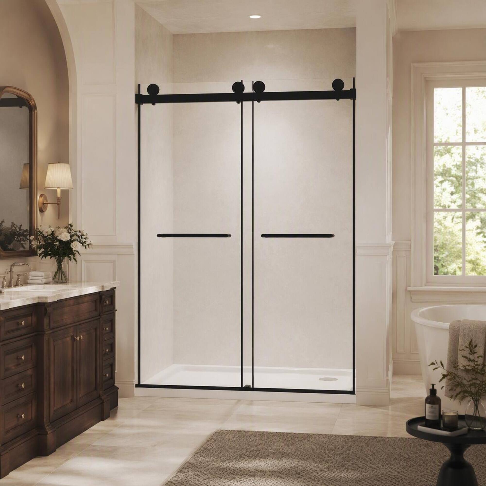Angle. RYHNUYNE - Frameless Double Sliding Shower Door 56-60" W X 74" H With 5/16" Tempered Glass, Matte Black Hardware - Matte Black.