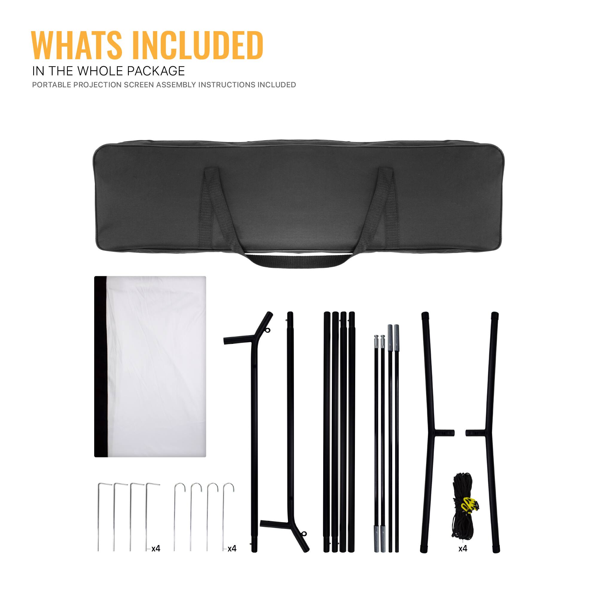 WHATS INCLUDED IN THE WHOLE PACKAGE PORTABLE PROJECTION SCREEN ASSEMBLY INSTRUCTIONS INCLUDED III. x4 I 1H x4 D x4 S