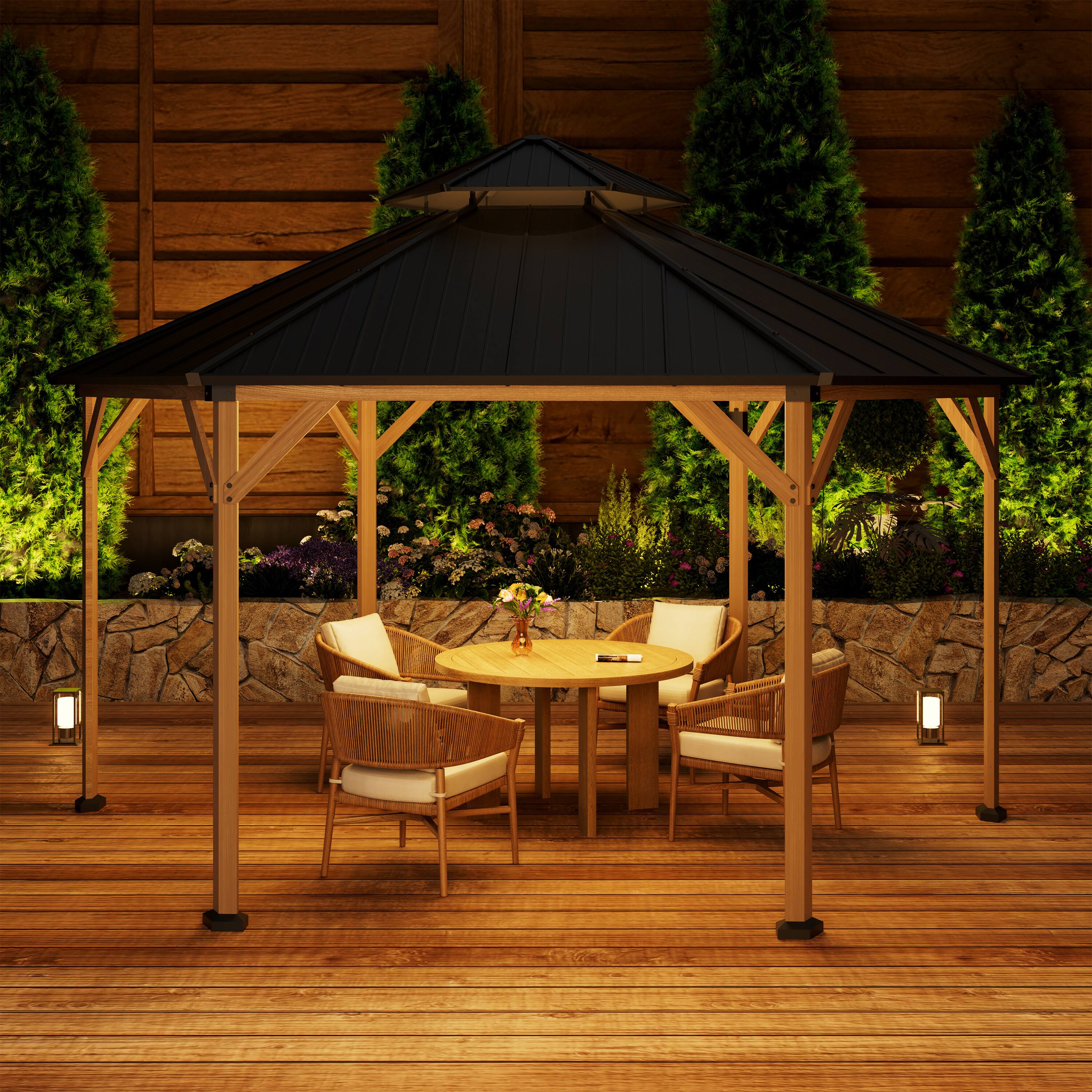 Angle. Mondawe - 15Ft Hexagon Hardtop Gazebo with Solar LED Light and Metal Roof - Gray.