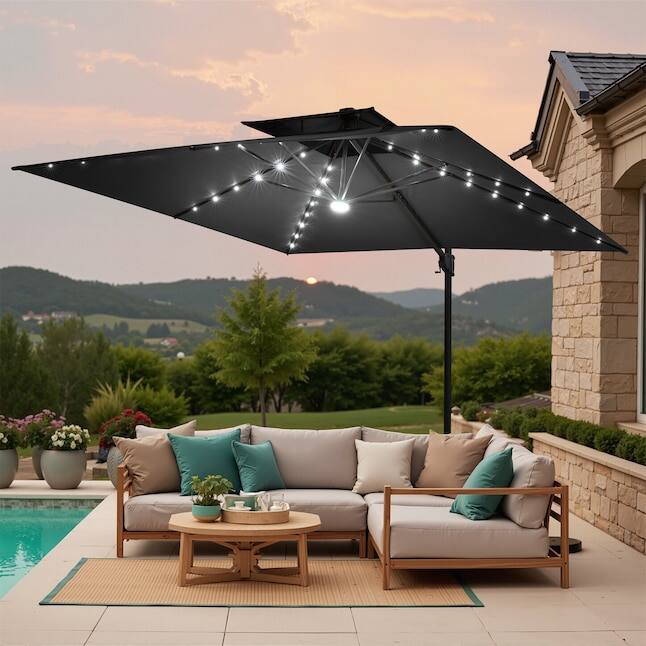Alt View 6. Crestlive Products - Crestlive Products 11ft Square Aluminum Slide-tilt Cantilever Patio Umbrella with Light with 350lbs Wheeled Base - Black.