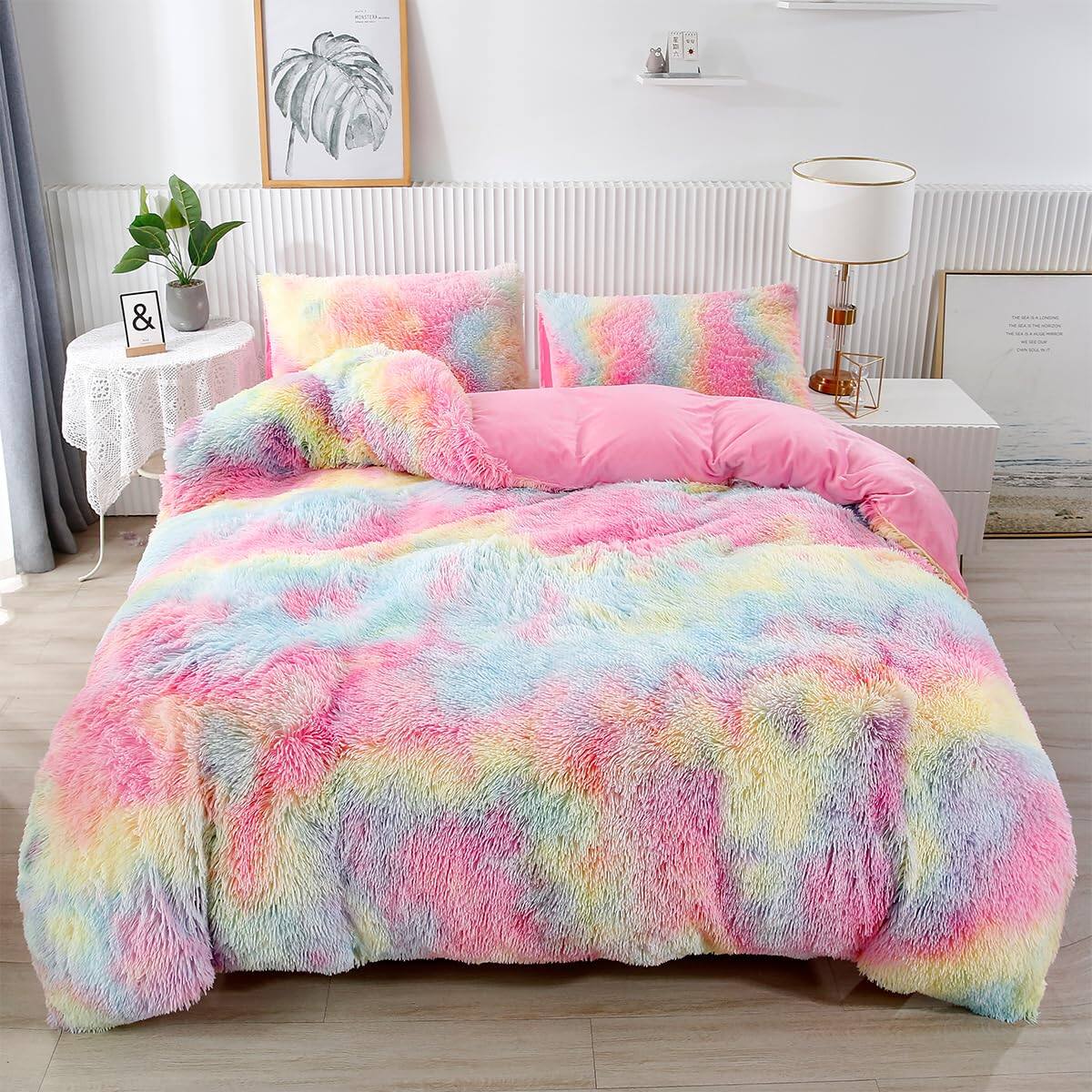 Alt View 2. NICHOLAS KLEIN - Faux Fluffy Comforter 3-piece Rainbow Plush Shaggy Bedding Sets For Tie Dye Fuzzy Furry Set Twin - Pink Full-3Pcs.