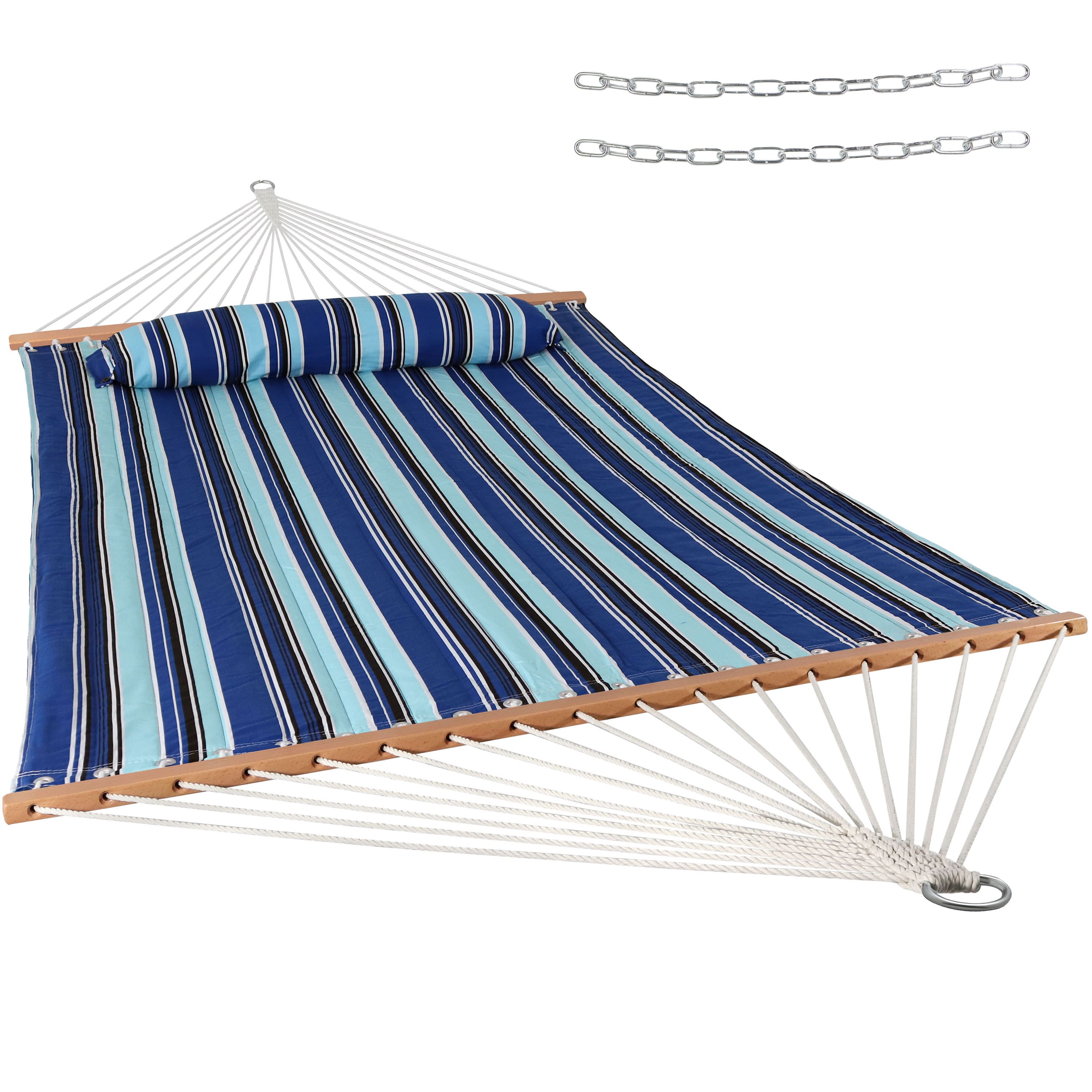 Sunnydaze - Large Quilted Fabric Hammock with Spreader Bar and Pillow - Catalina Beach