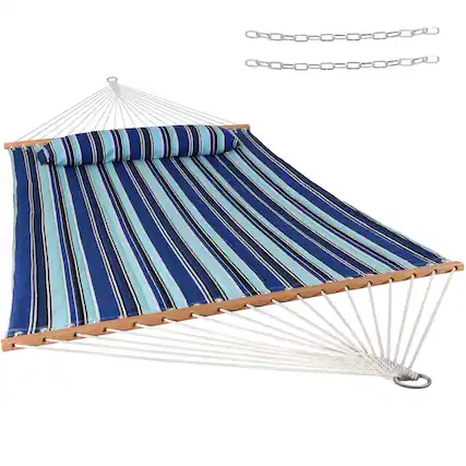 Front. Sunnydaze - Large Quilted Fabric Hammock with Spreader Bar and Pillow - Catalina Beach.