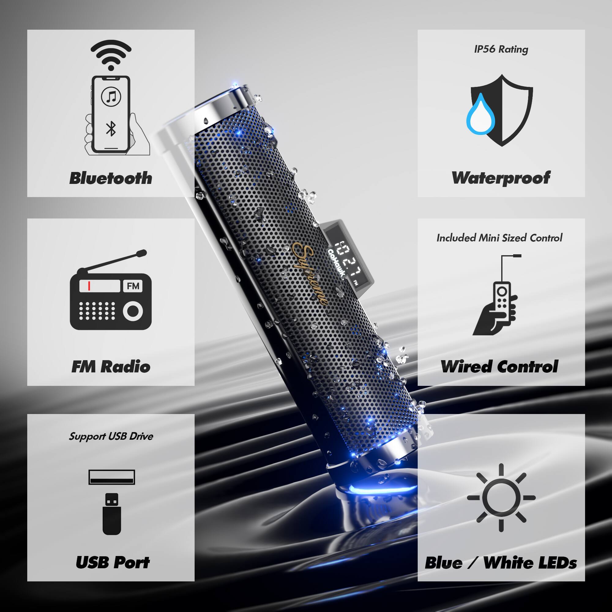 IP56 Rating  
Bluetooth  
Waterproof  
FM Radio  
Included Mini Sized Control  
Wired Control  
Support USB Drive  
USB Port  
Blue / White LEDs