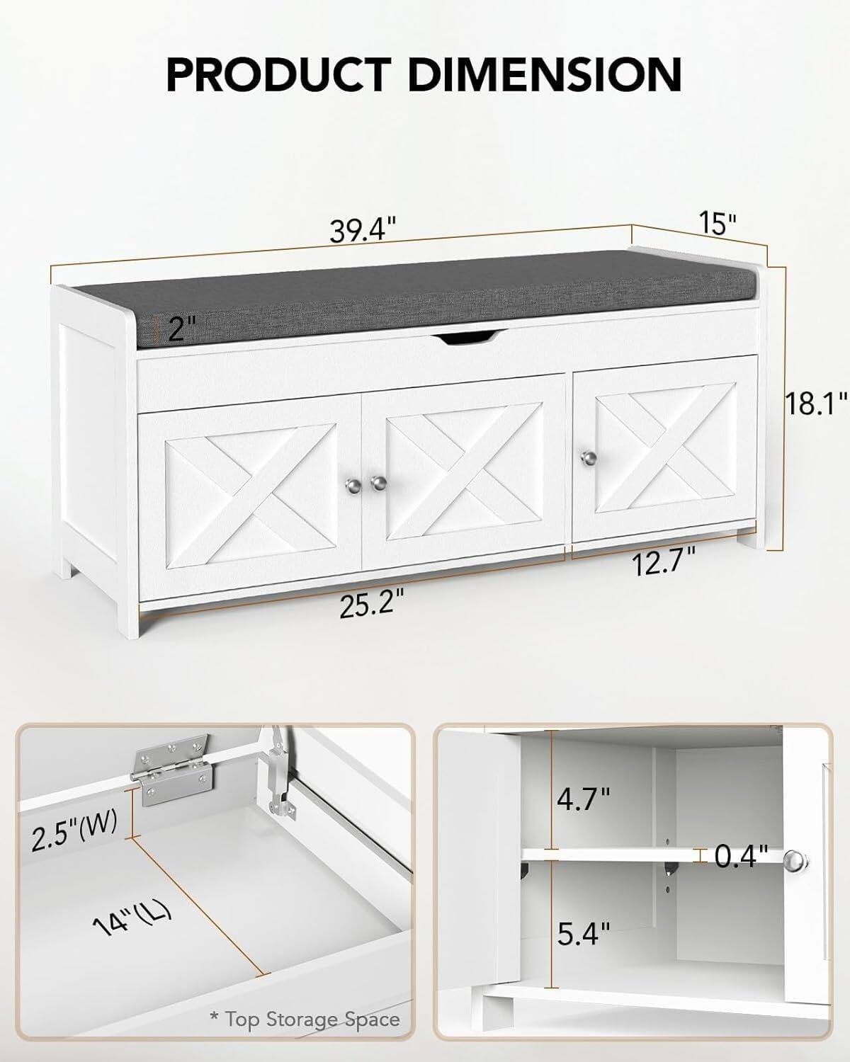 PRODUCT DIMENSION

- 39.4" (Length)
- 15" (Height)
- 2" (Thickness)
- 25.2" (Width)
- 18.1" (Height of drawers)
- 12.7" (Width of drawers)
- 2.5" (W) x 14" (L) (Top Storage Space)
- 4.7" (Height of top storage)
- 5.4" (Height of bottom storage)
- 0.4" (Thickness of shelf)