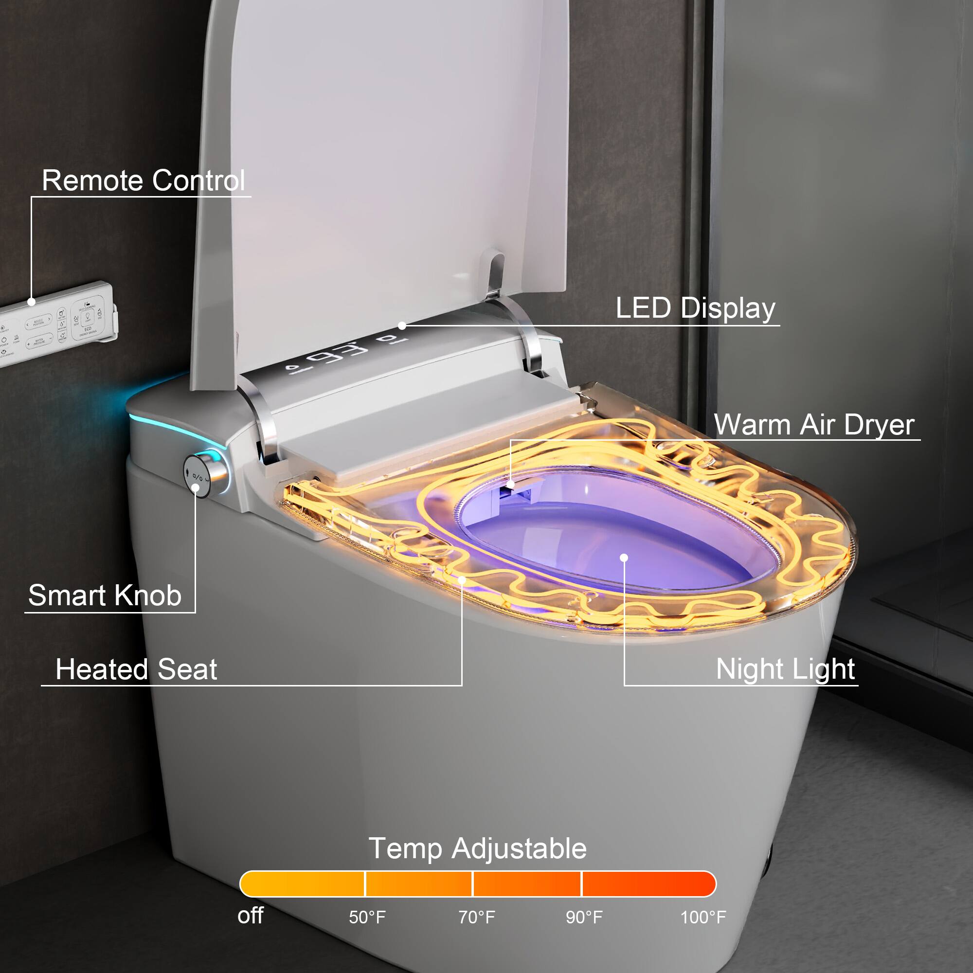 Remote Control  
LED Display  
Warm Air Dryer  
Smart Knob  
Heated Seat  
Night Light  
Temp Adjustable: off, 50°F, 70°F, 90°F, 100°F